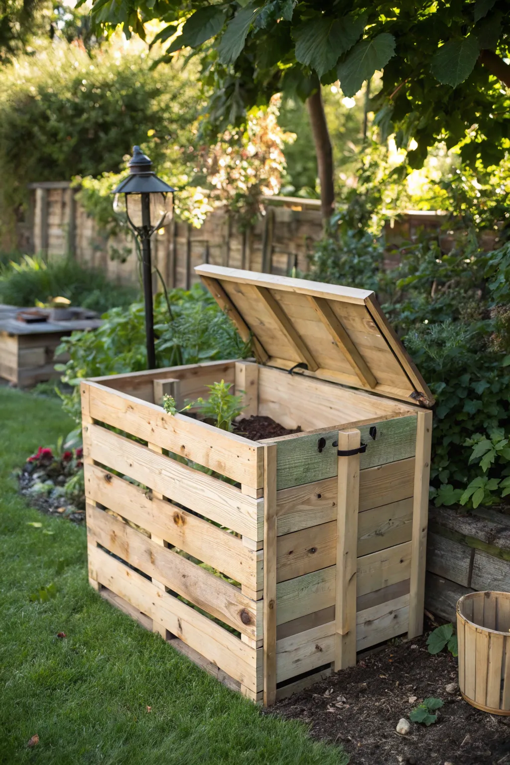 Transform waste into garden gold with this chic pallet compost bin, where sustainability meets style.