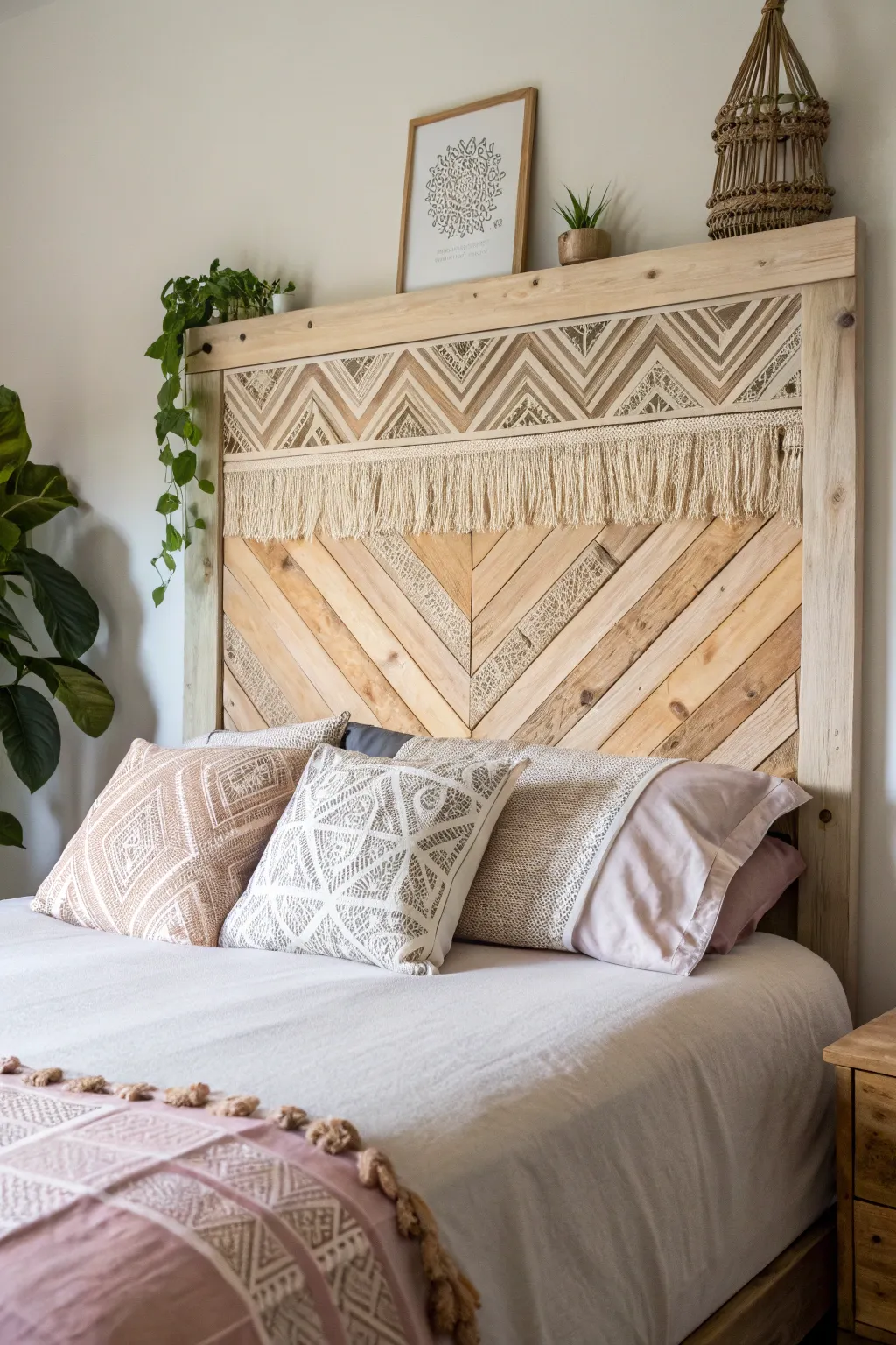 Tailor your space with a bespoke pallet headboard that seamlessly integrates with your bed, blending Scandinavian minimalism with Boho charm.