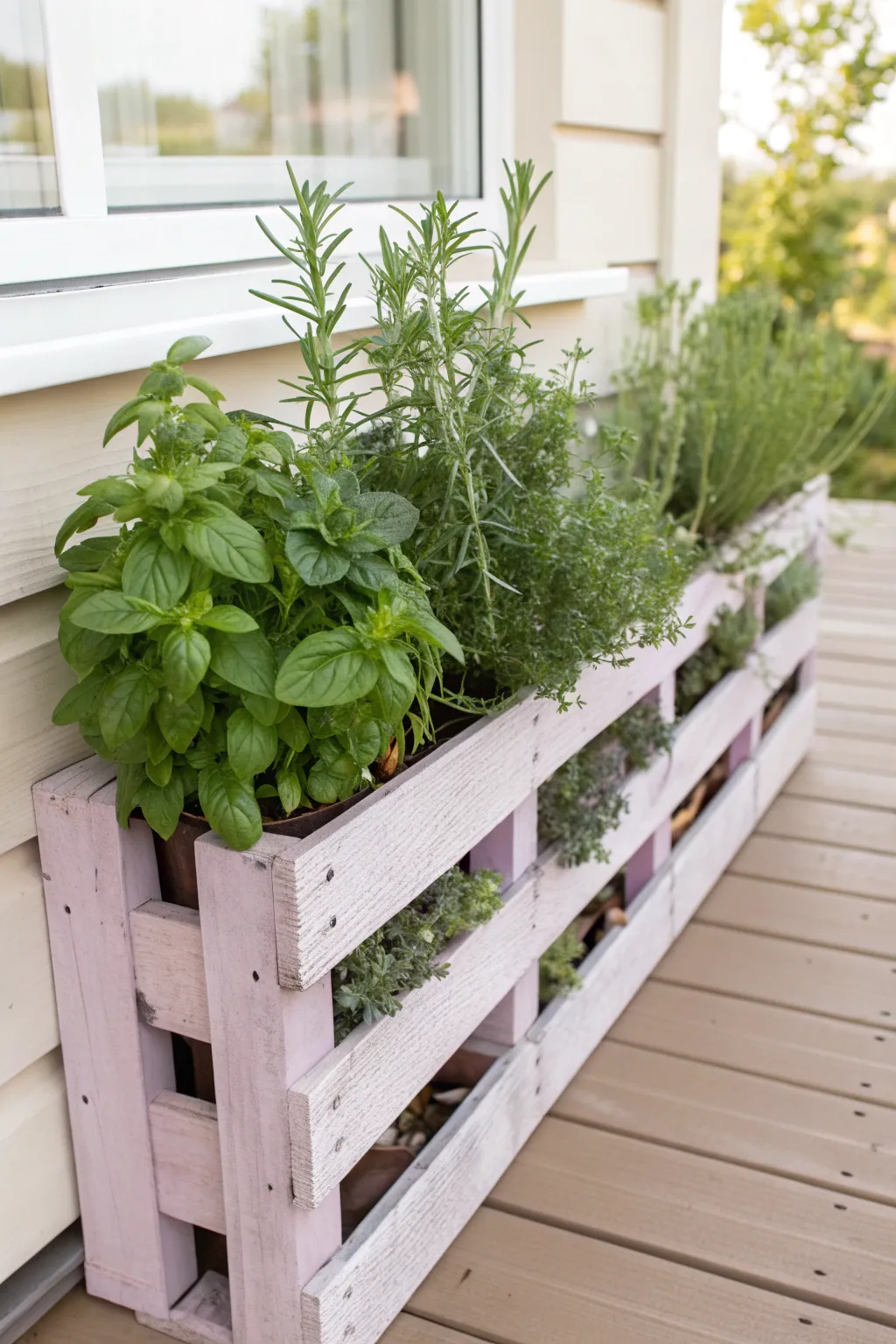 Transform your porch into a Scented Sanctuary with this charming pallet herb garden, where simplicity meets natural beauty.