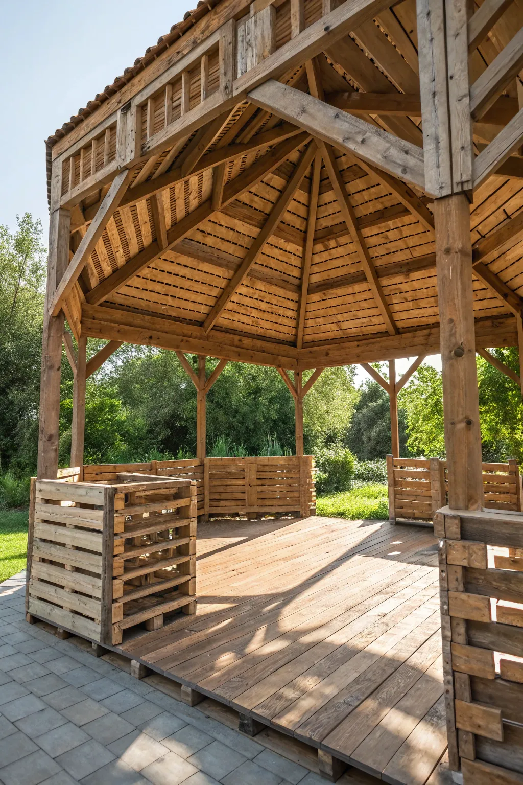 Transform your backyard with a handcrafted pallet pavilion—perfect for relaxation or entertainment.