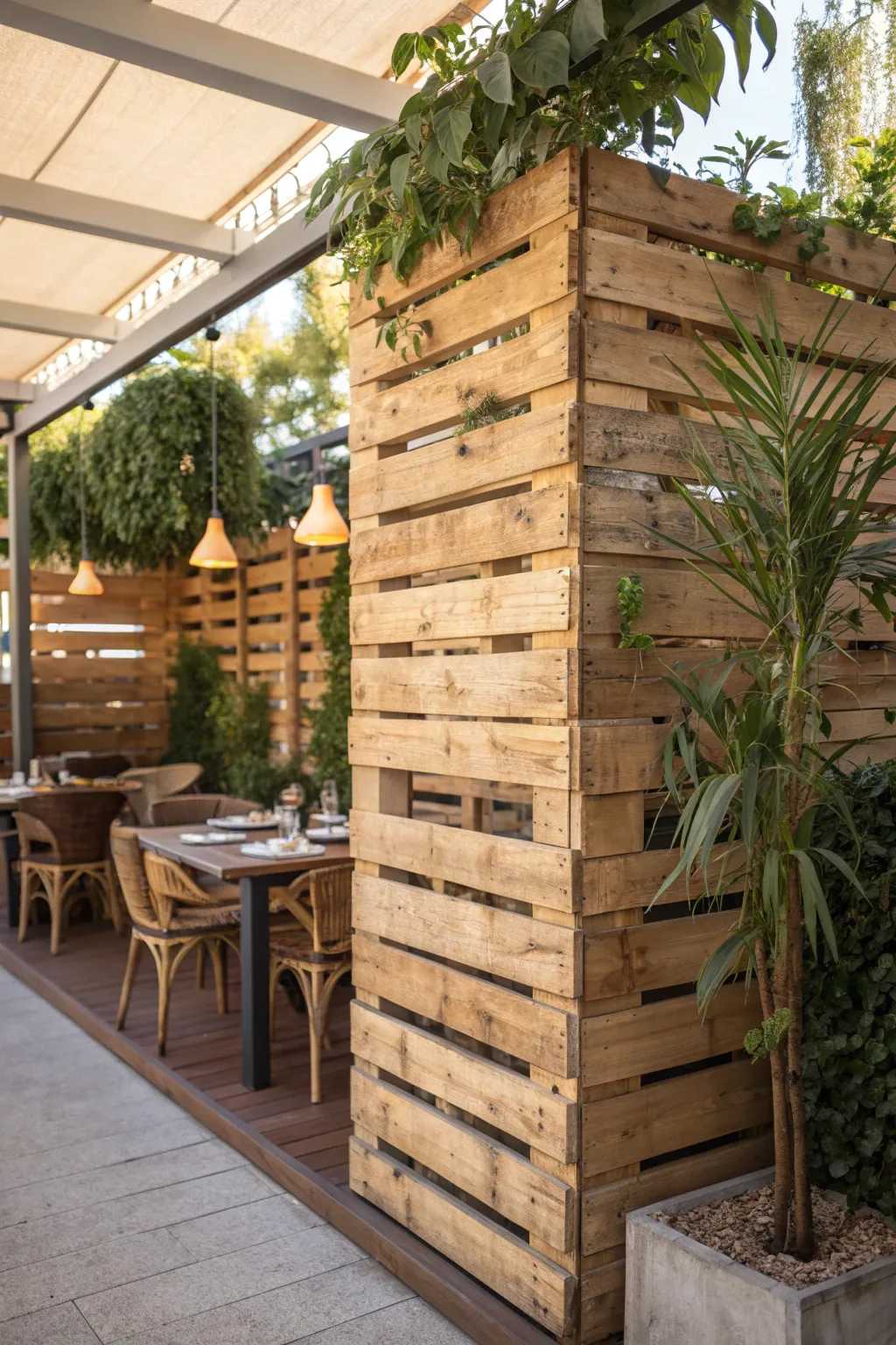 Elevate your outdoor space with a handcrafted pallet partition for a cozy, exclusive dining experience.