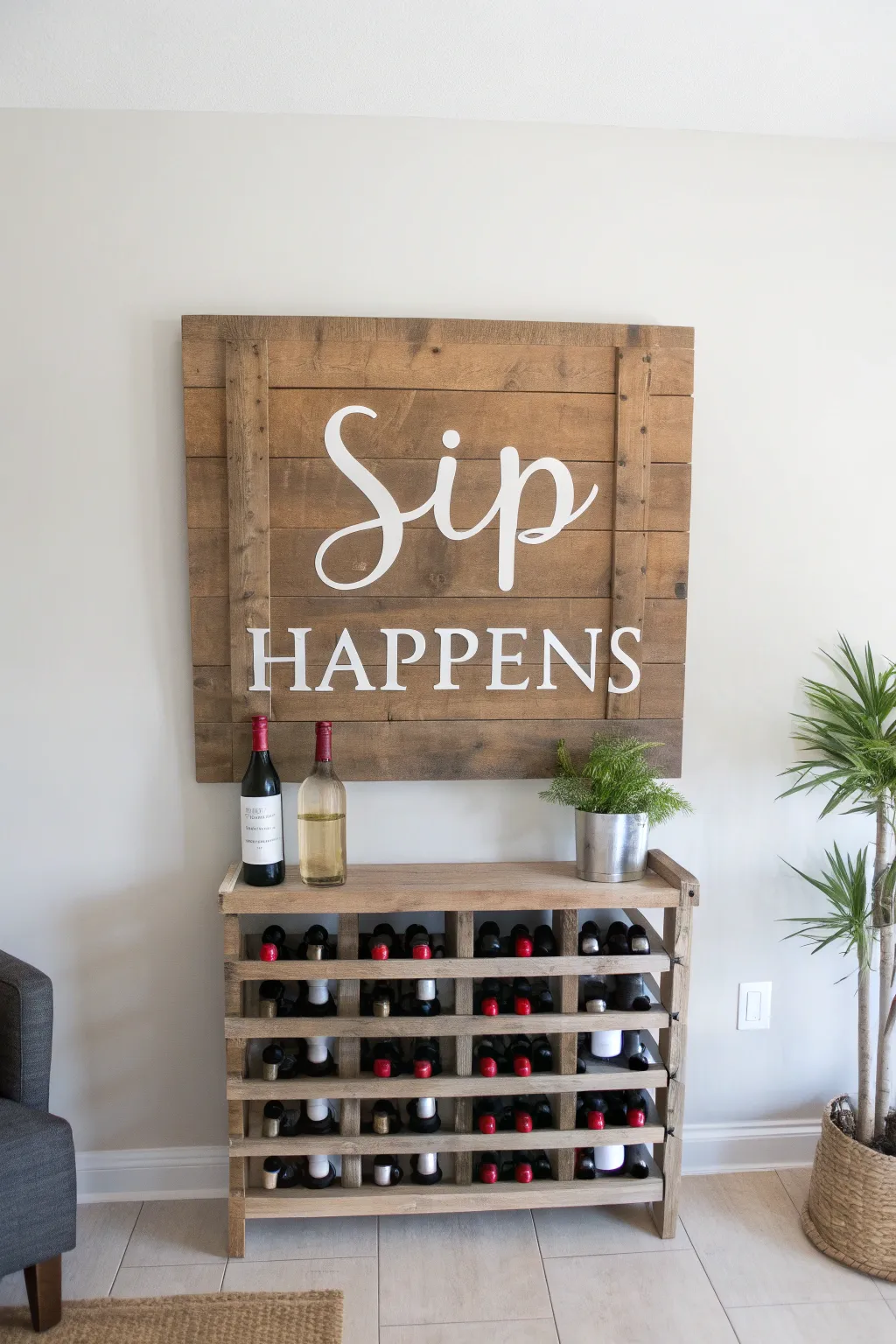 Add a touch of charm to your space with this 'Sip Happens' pallet wood sign—perfect for wine lovers who appreciate craftsmanship and style.