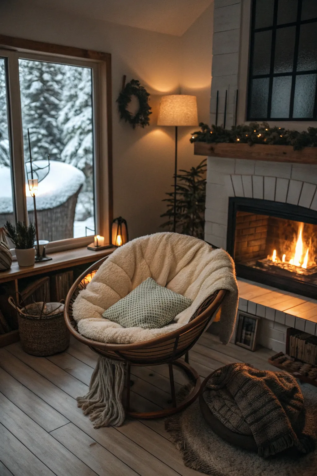A cozy retreat by the fireplace with a papasan chair.