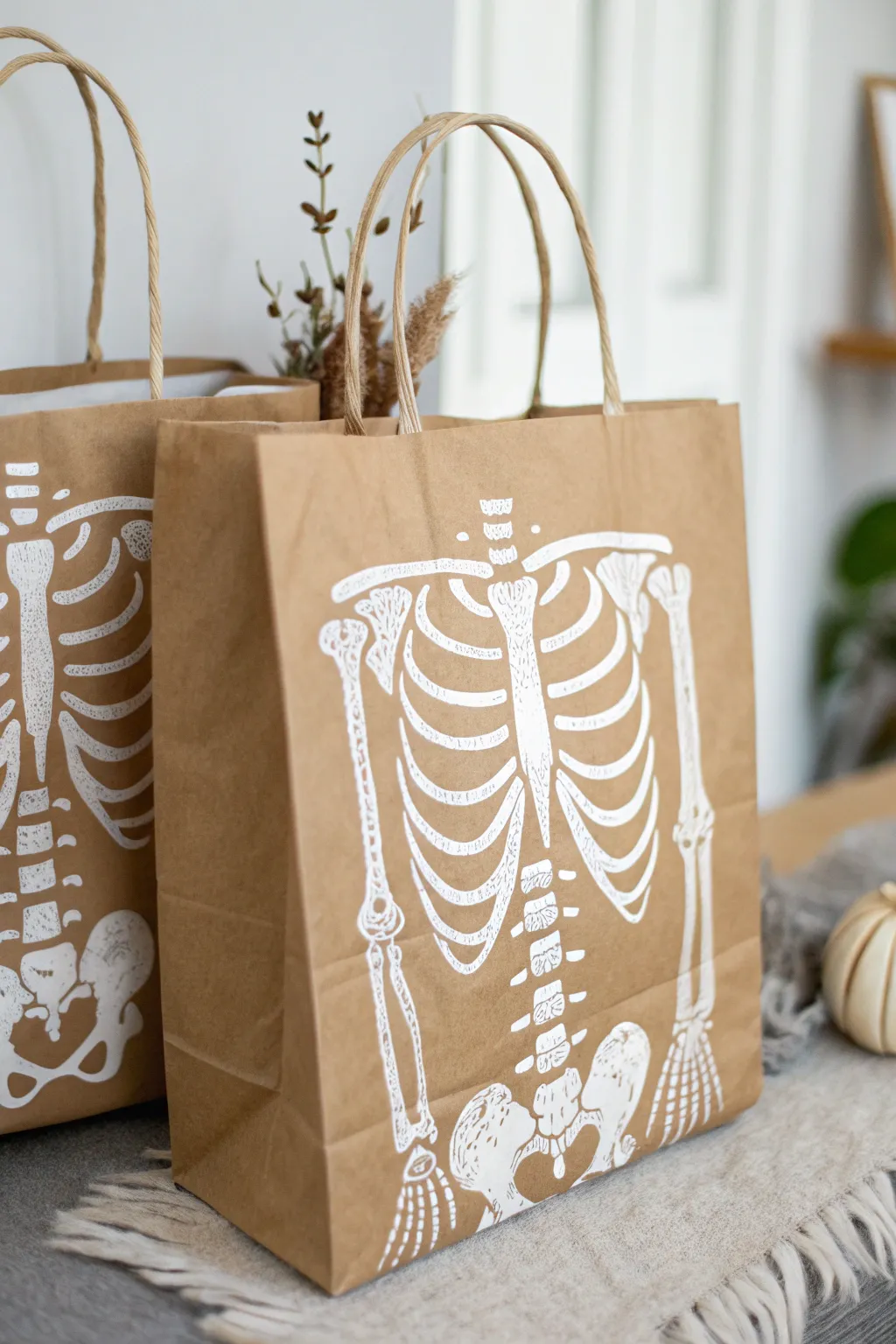 Craft your own minimalist Halloween charm with a paper bag skeleton!