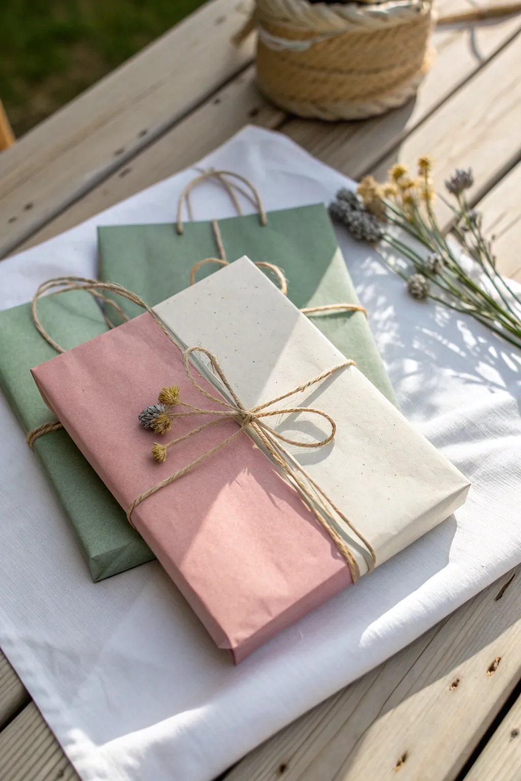 Elevate your gift wrapping with a chic color block design using paper bags. Perfect for those who love minimalist beauty with a boho touch.