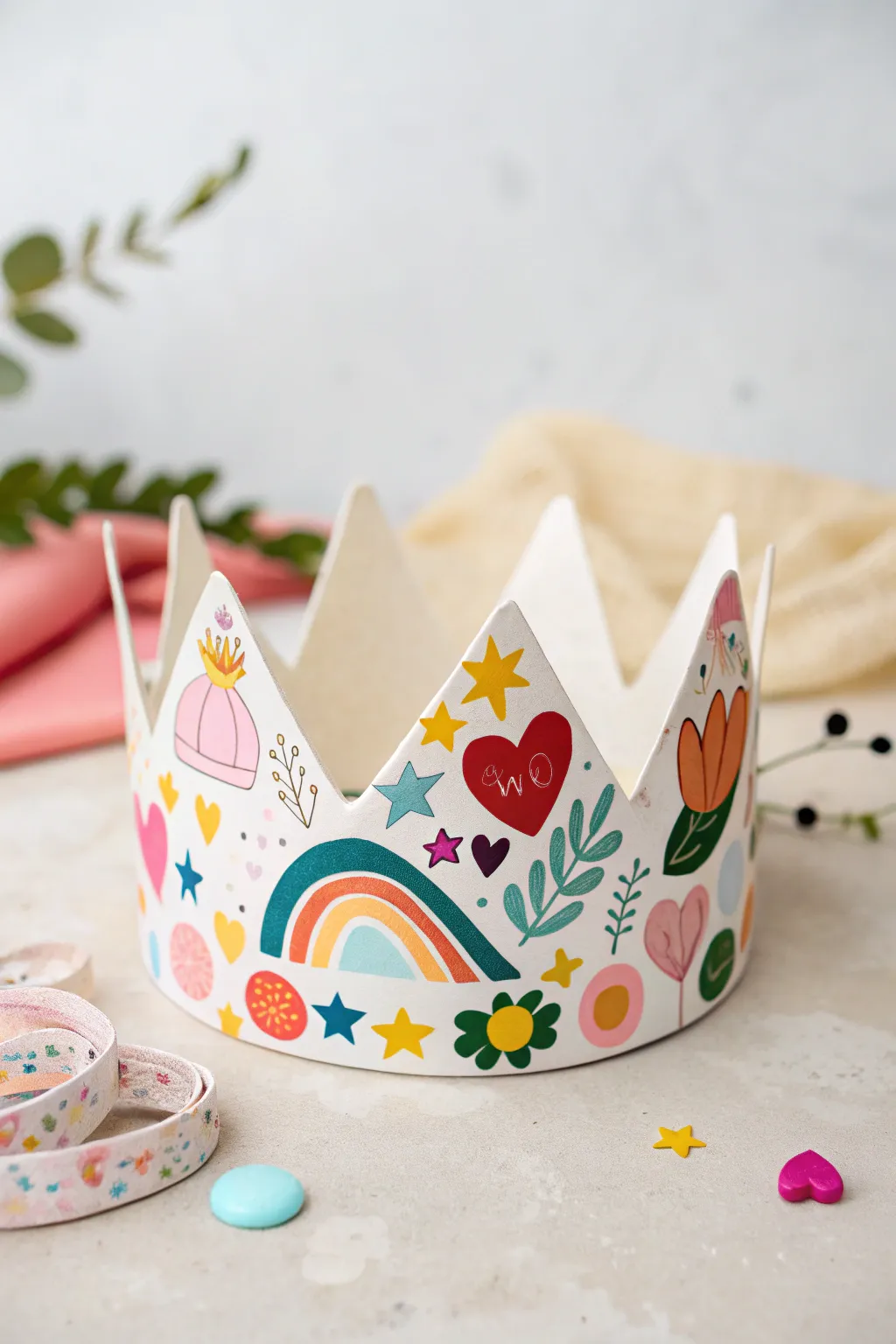 Unleash your creativity with this vibrant paper crown adorned with playful stickers and shapes!
