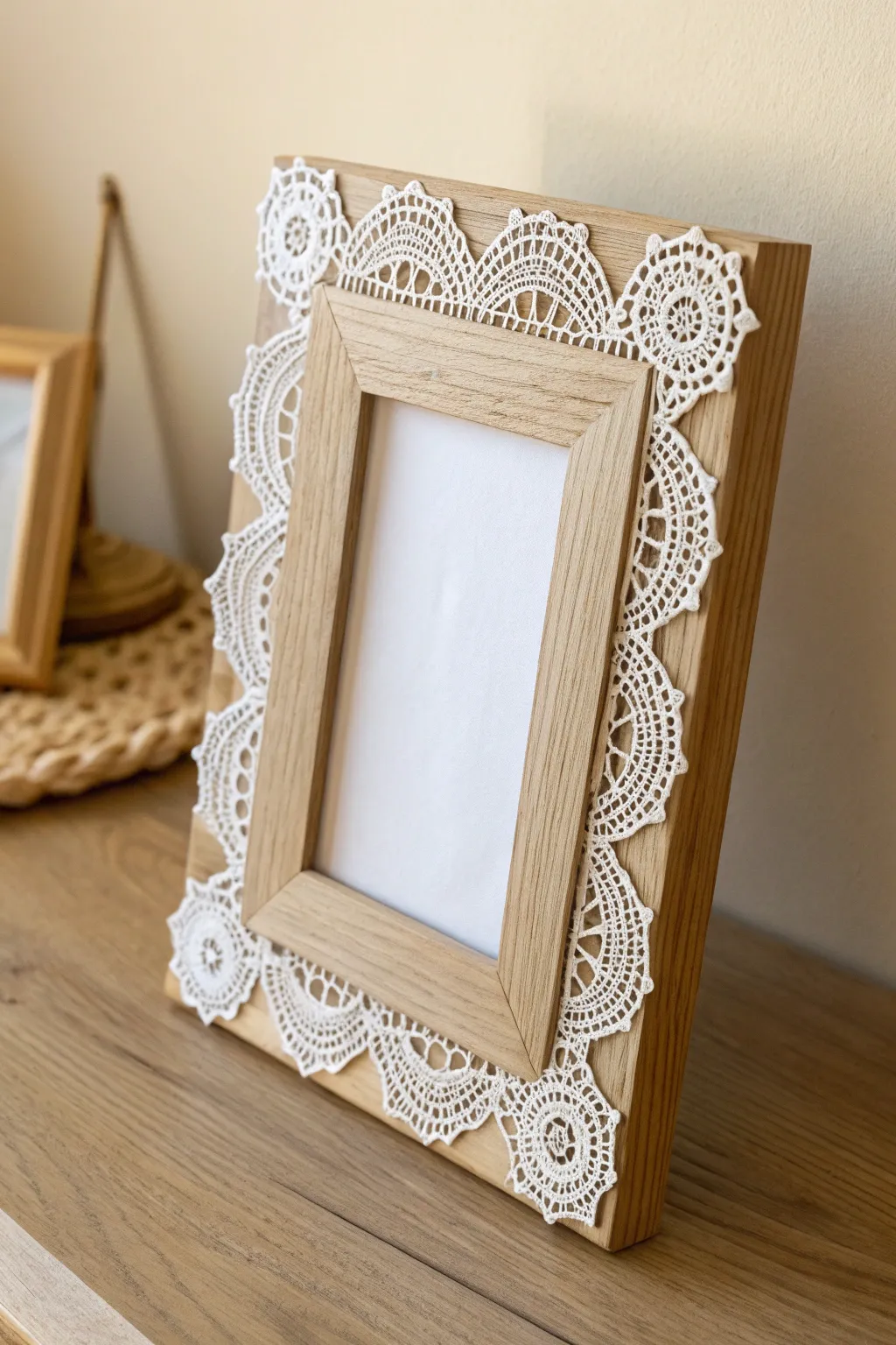 Transform your memories with a touch of romance: Doily-adorned frames for a heartfelt display.