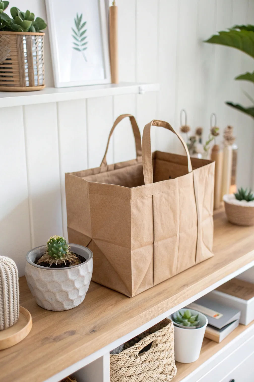 Transform everyday paper bags into stylish storage solutions with a touch of minimalist elegance.