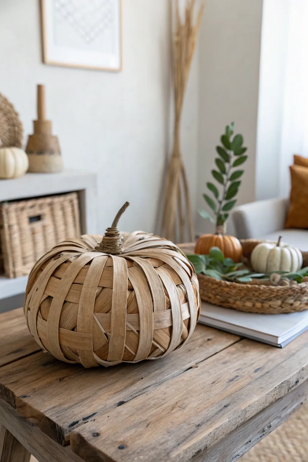 Embrace the art of simplicity with a charming woven paper pumpkin, perfect for adding a touch of handcrafted elegance to your minimalist decor.