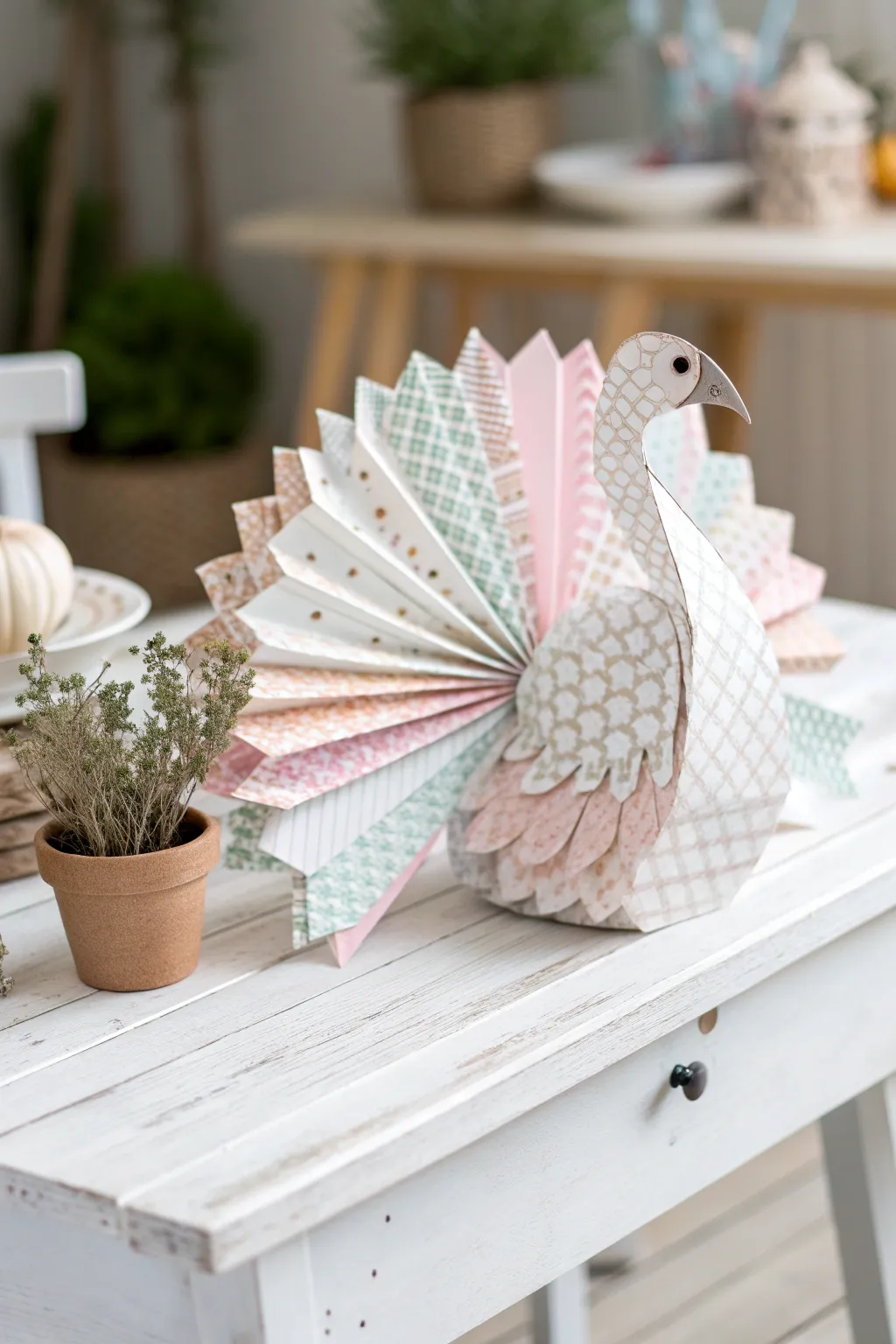Elevate your decor with a charming patterned paper turkey that blends Scandinavian minimalism with boho flair.