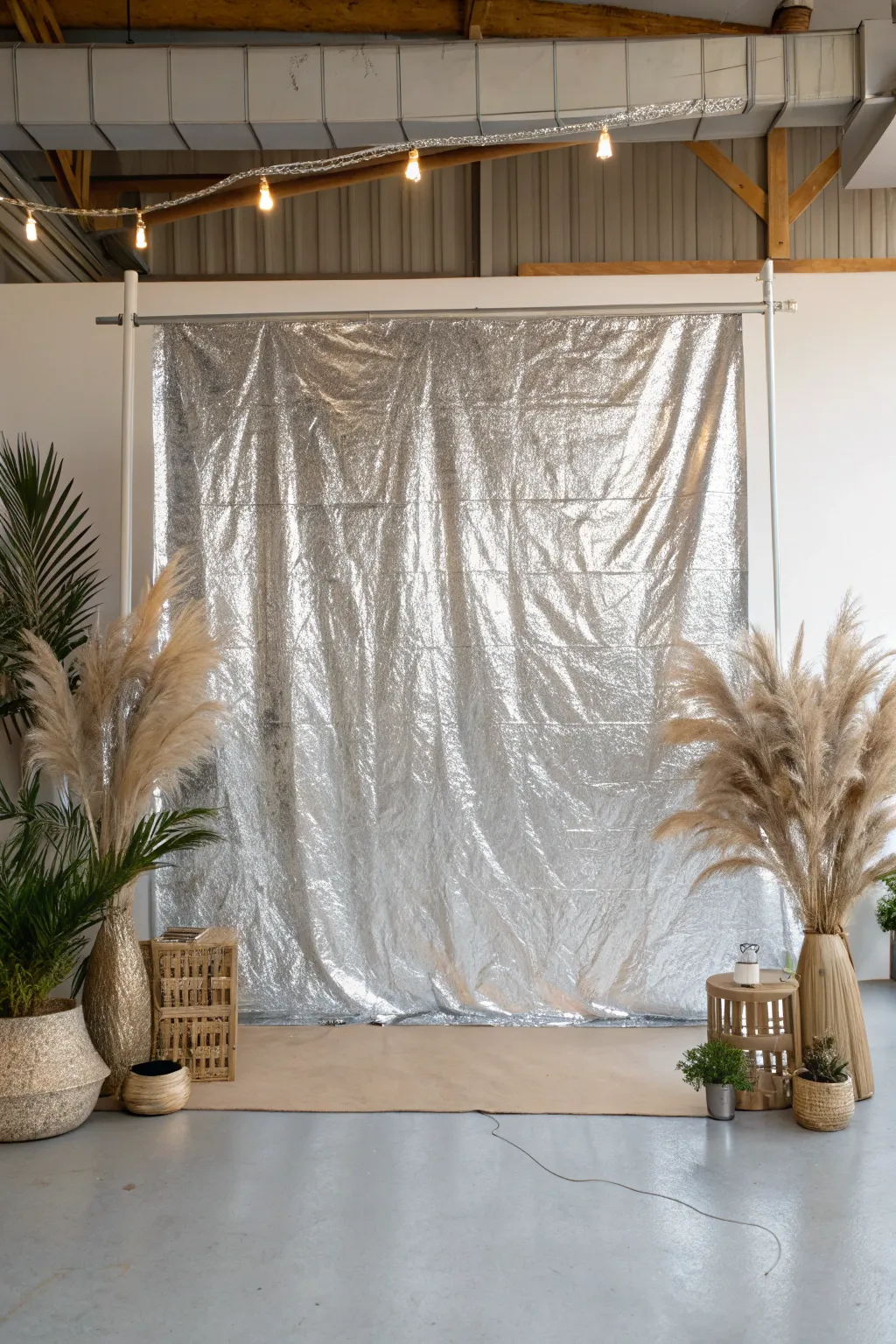 Step into a mirrored wonderland with this stunning tin foil backdrop, perfect for adding a touch of elegance to your next party.