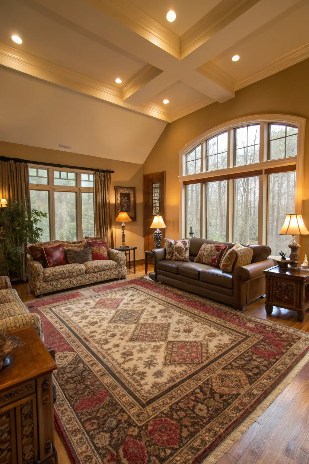 Area rugs subtly guiding traffic and adding warmth to the space.
