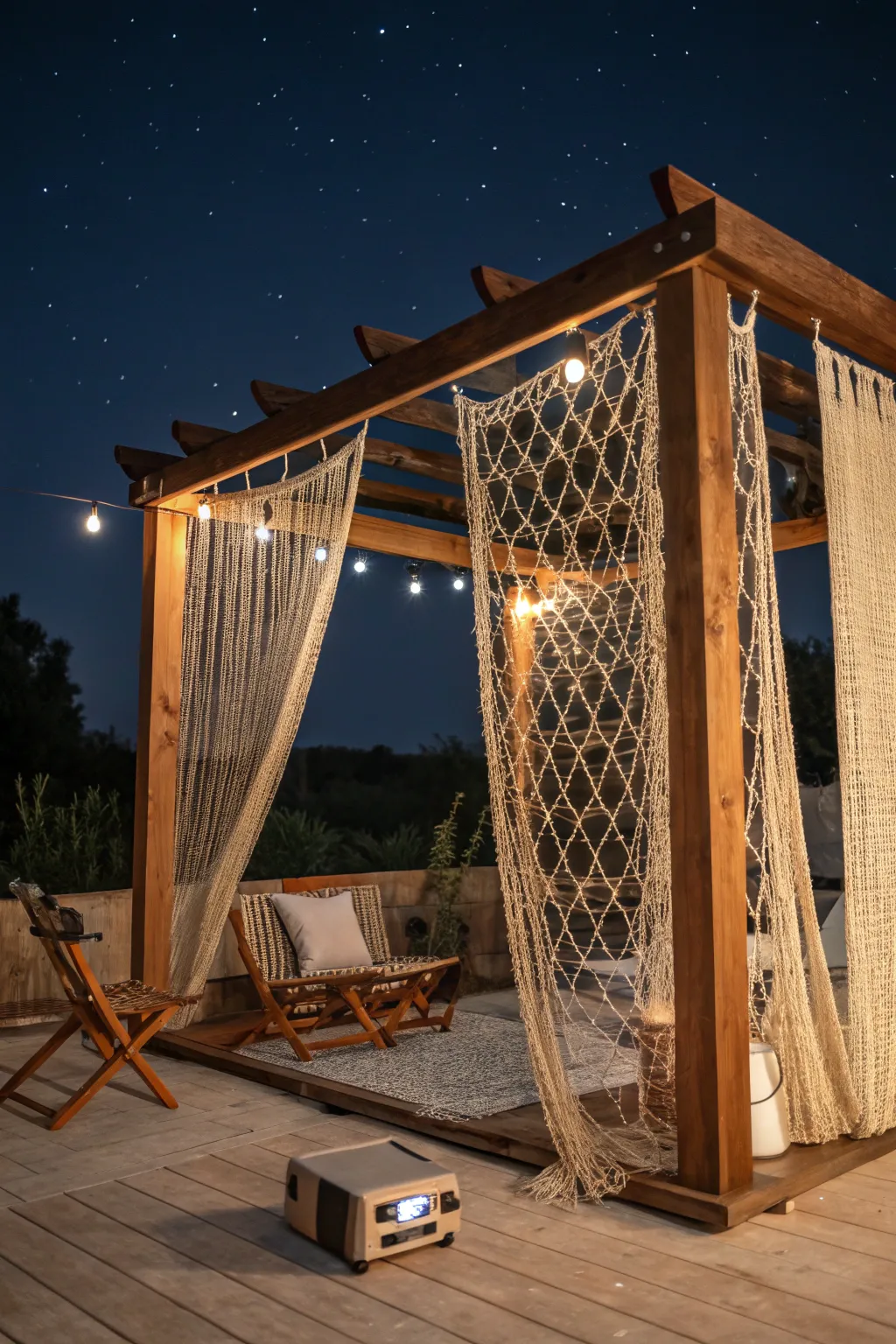 Transform your patio into a cozy outdoor cinema with handcrafted netting for an unforgettable movie night under the stars.