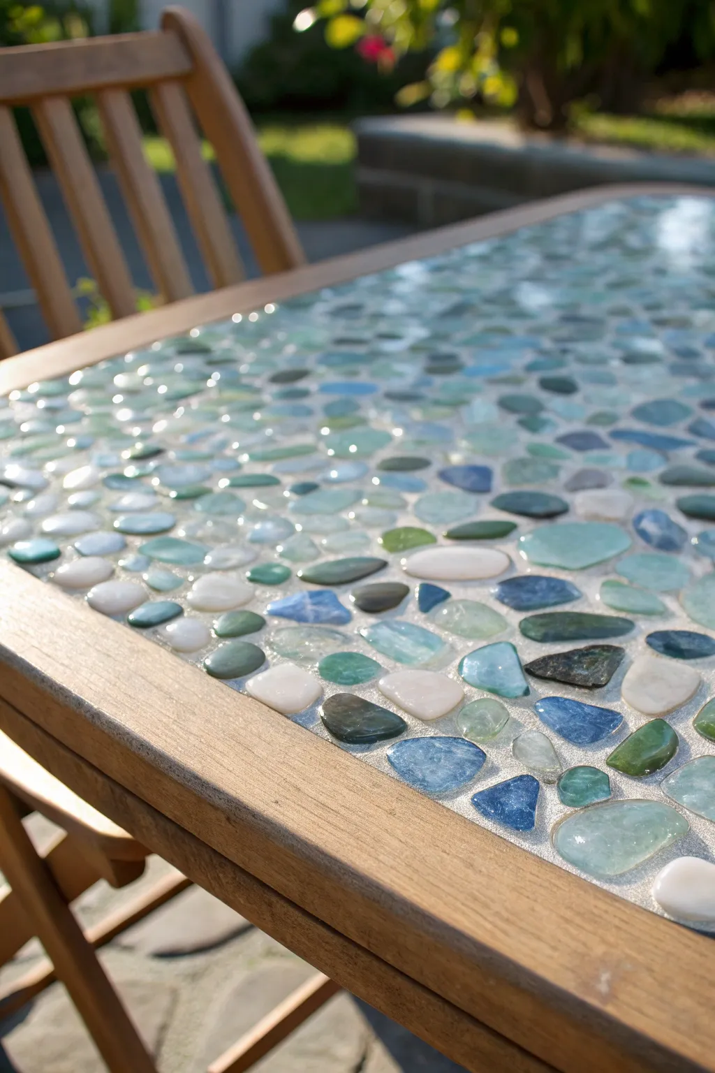 Transform your patio with the captivating glow of a glass pebble inlay.