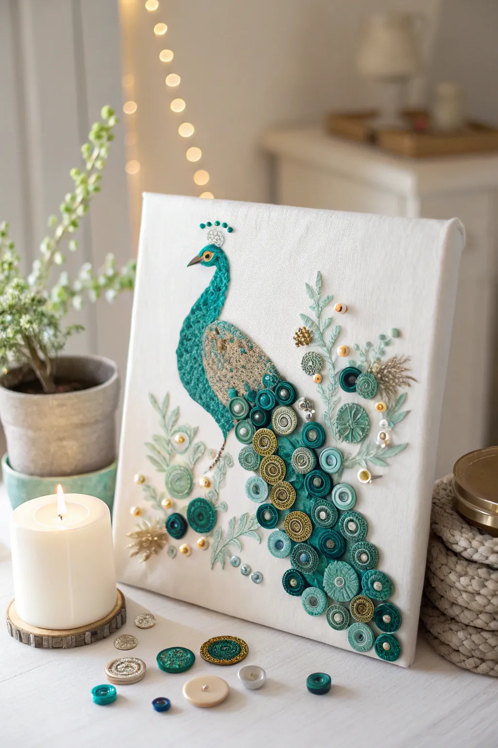 Craftsmanship meets elegance: A bead and button peacock masterpiece that captures the essence of minimalist beauty.