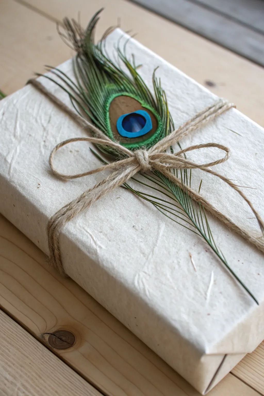 Elevate your gift wrapping with the natural elegance of peacock feathers.