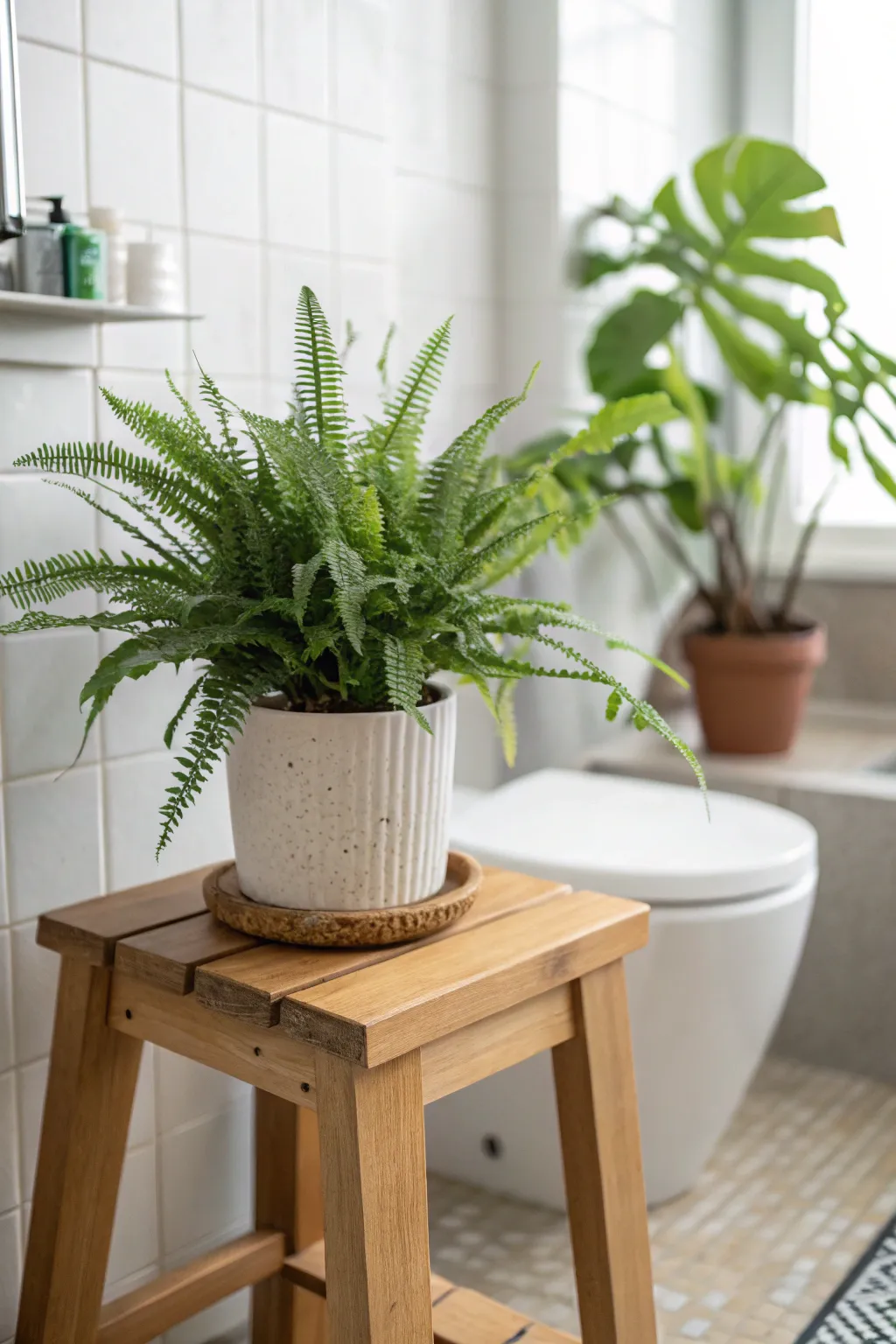 Embrace the serene beauty of nature with a touch of greenery in your minimalist bathroom.