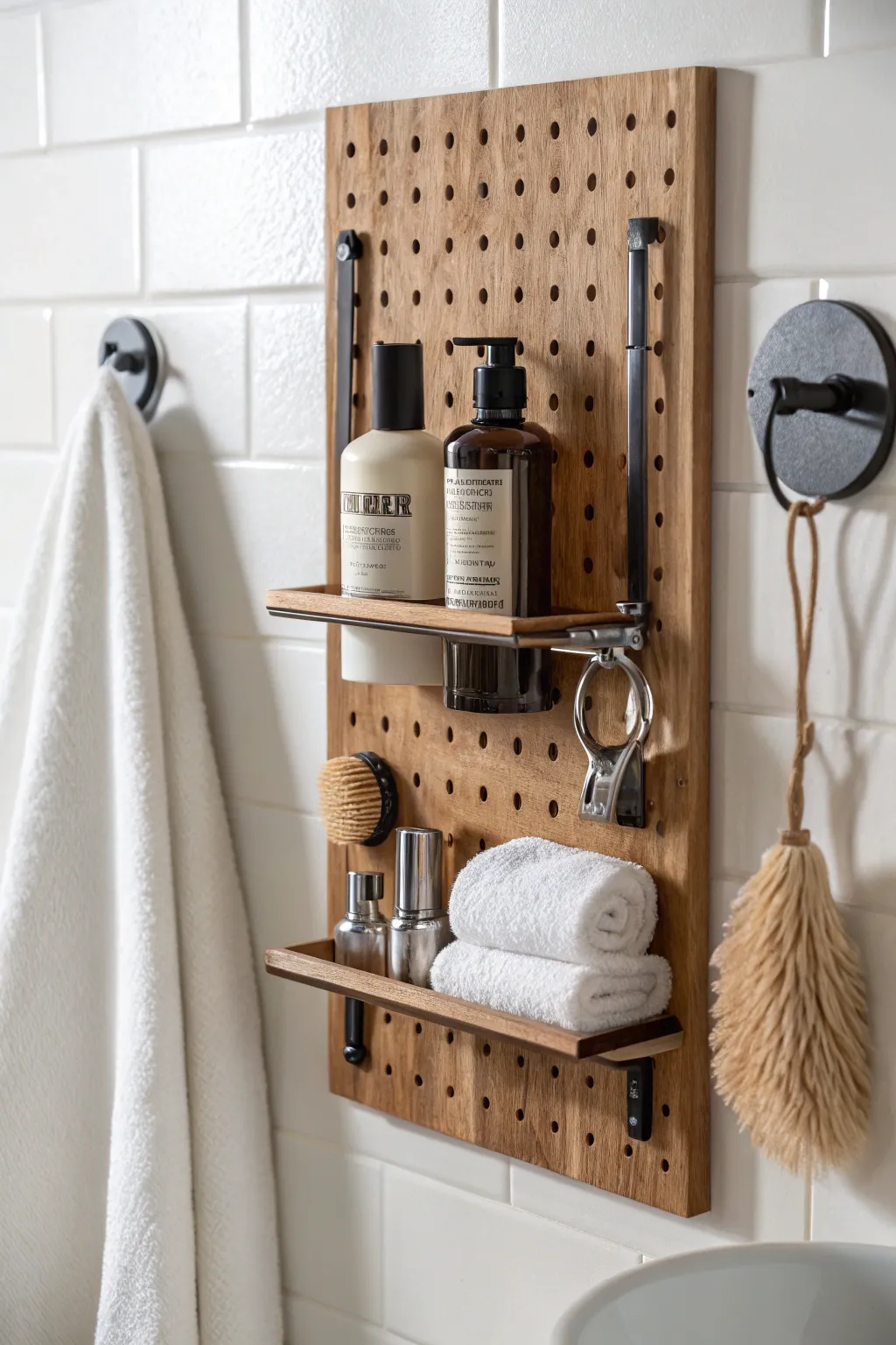 Elevate your bathroom organization with a stylish pegboard display that combines practicality and elegance.