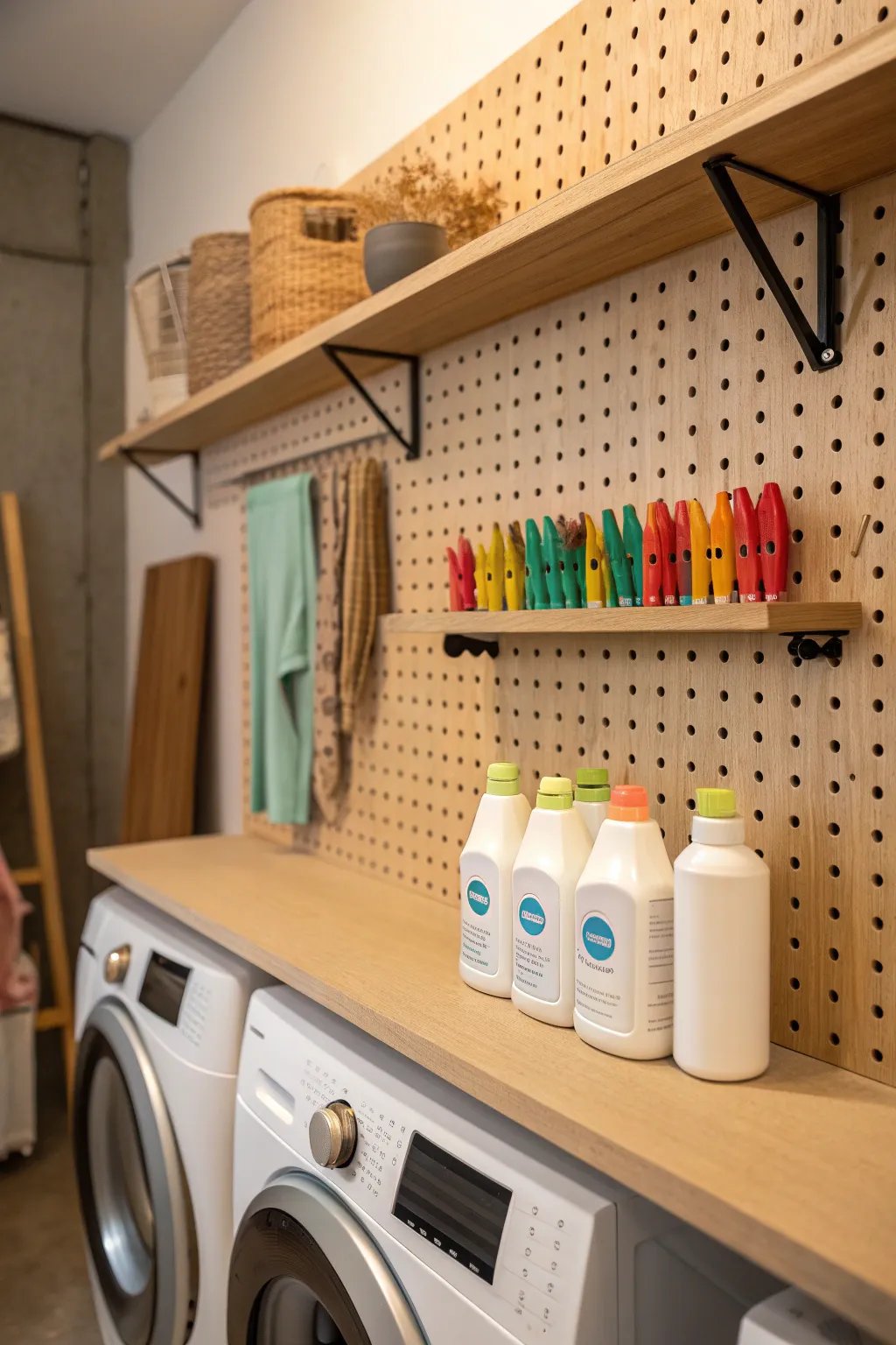 Elevate your laundry room with a pegboard shelf that combines style and practicality.