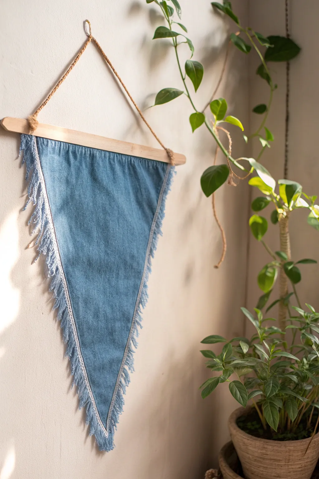 Transform old into new with eco-friendly pennants crafted from upcycled denim. Discover the beauty in simplicity!