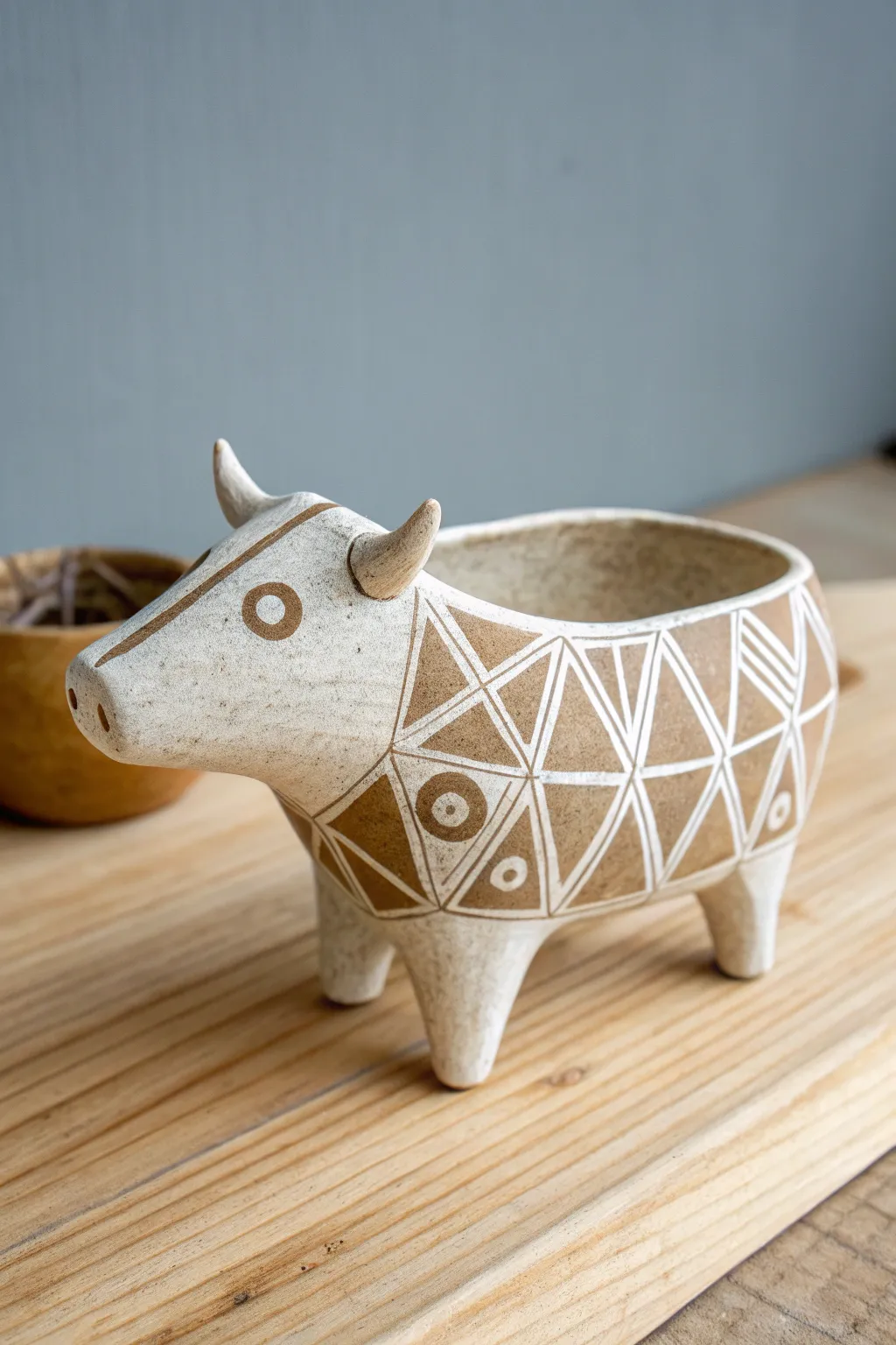 Reimagine tradition with this abstract cow pinch pot, where simplicity meets artistic flair.