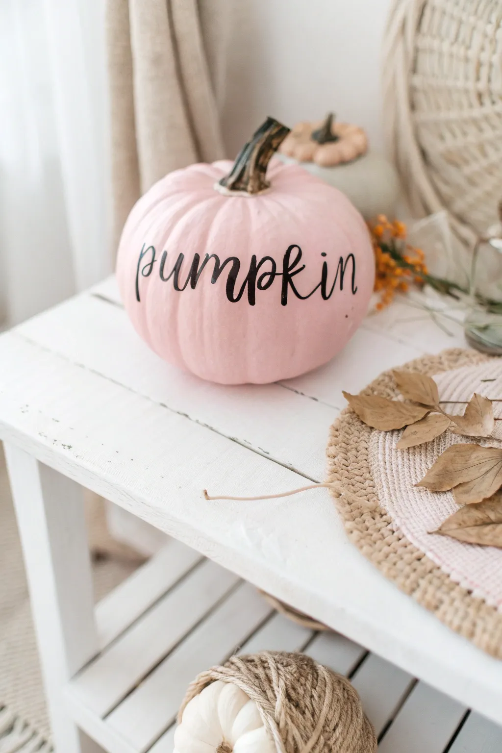 Embrace the art of lettering on pink pumpkins, where simplicity meets style in a Scandinavian-Boho blend.
