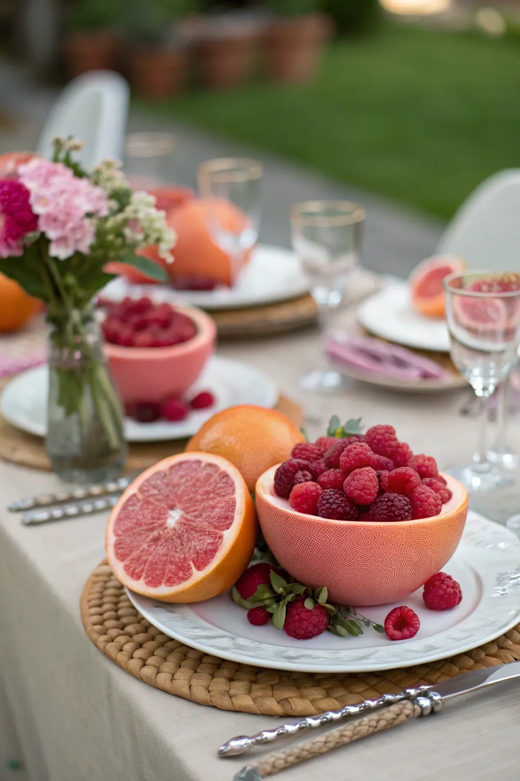 Colorful decoration with pink fruits.