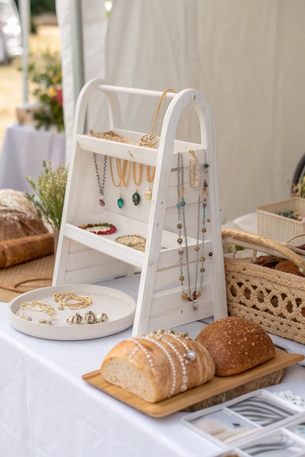 Elevate your craft fair setup with minimalist charm: repurpose a plastic bread tray into a stylish display shelf.