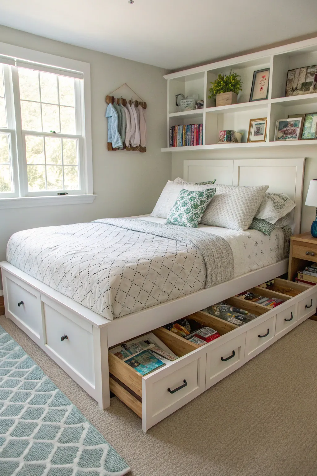 Hidden storage in a platform bed for a clutter-free bedroom look.