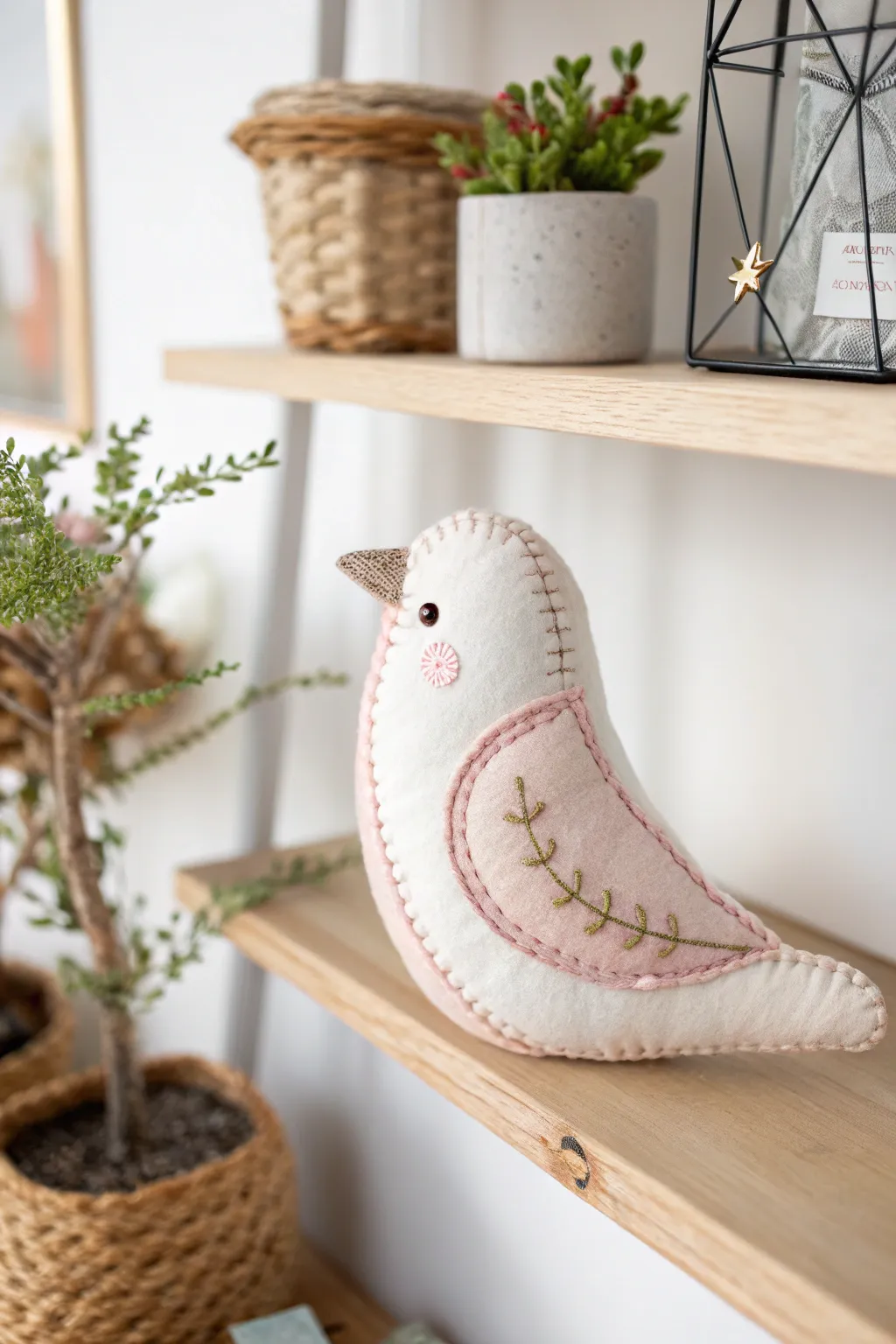 Elevate your decor with a serene touch: the perfect blend of simplicity and elegance in a handcrafted bird plushie.