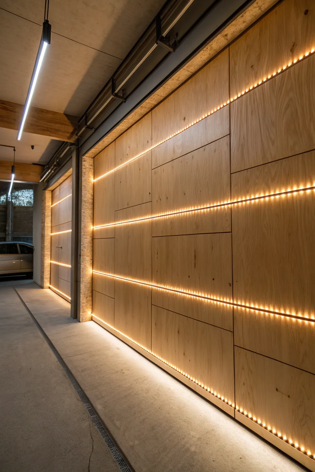 Illuminate your garage with style: LED-lit plywood walls for a modern, cozy vibe.