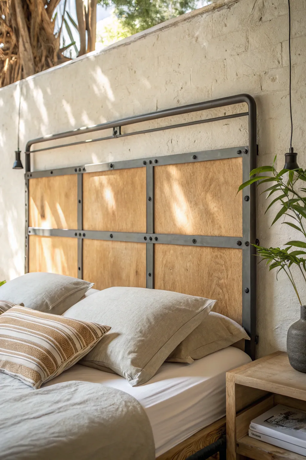 Transform your bedroom with the elegance of mixed materials—discover the magic of plywood and metal for an industrial chic touch.