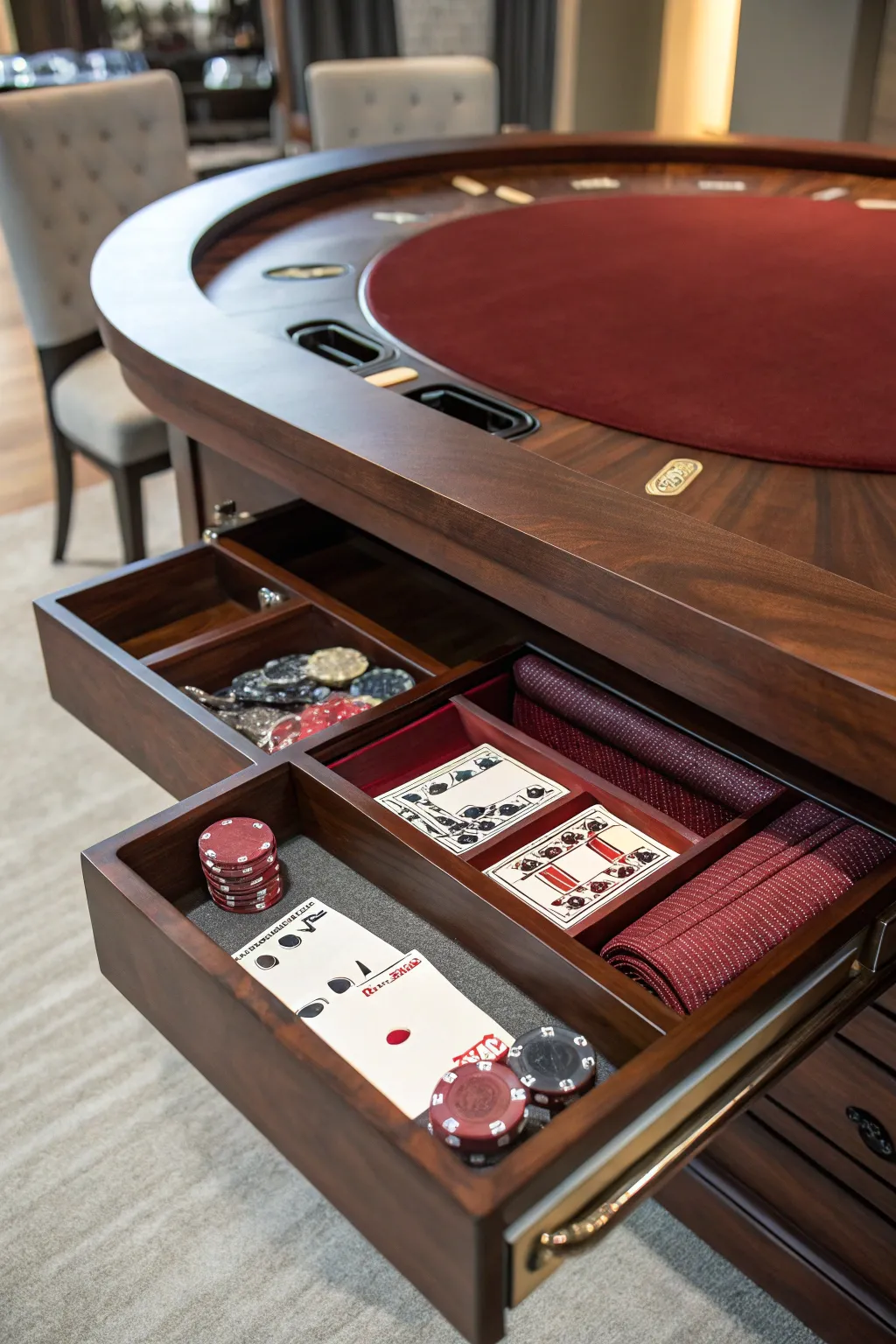Discover the elegance of hidden storage in poker table design—where craftsmanship meets functionality.