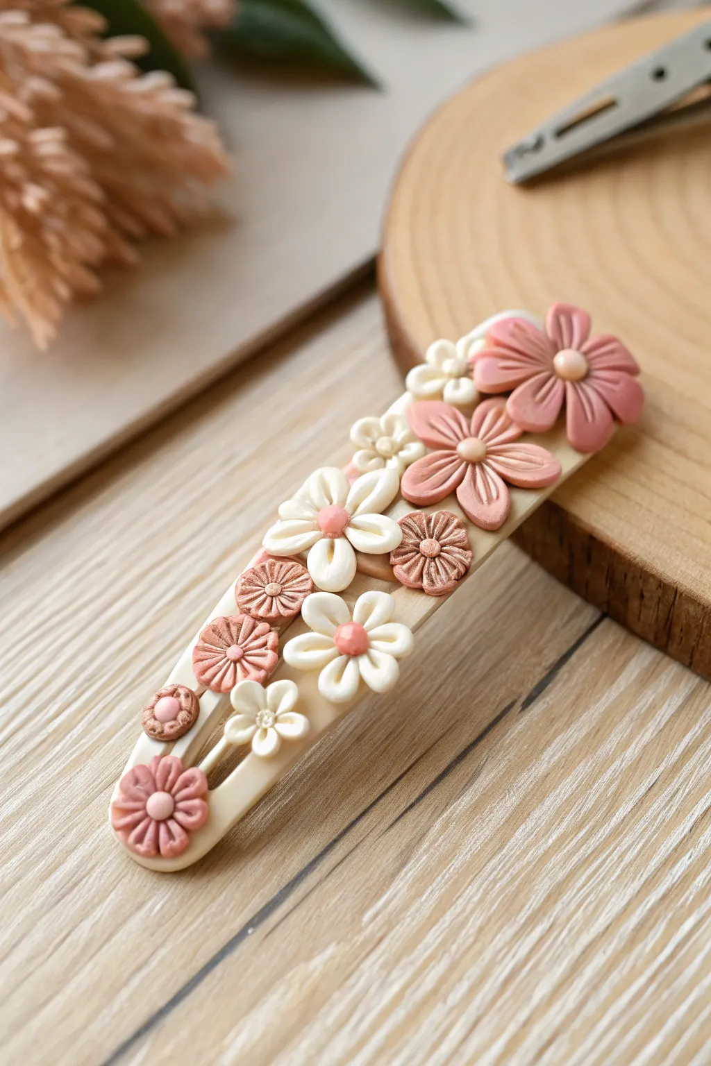 Elevate your hairstyle with this charming floral polymer clay hair clip, a perfect blend of artistry and elegance.