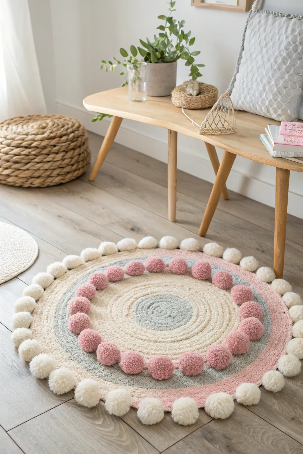 Add a touch of whimsy and warmth to your space with a charming circular pom pom rug.