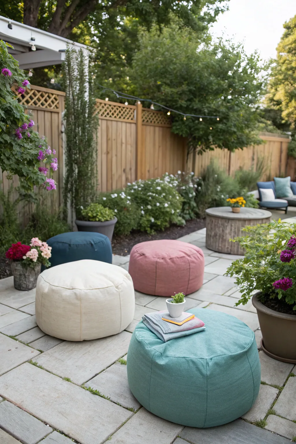 Outdoor poofs create an inviting retreat on this patio.