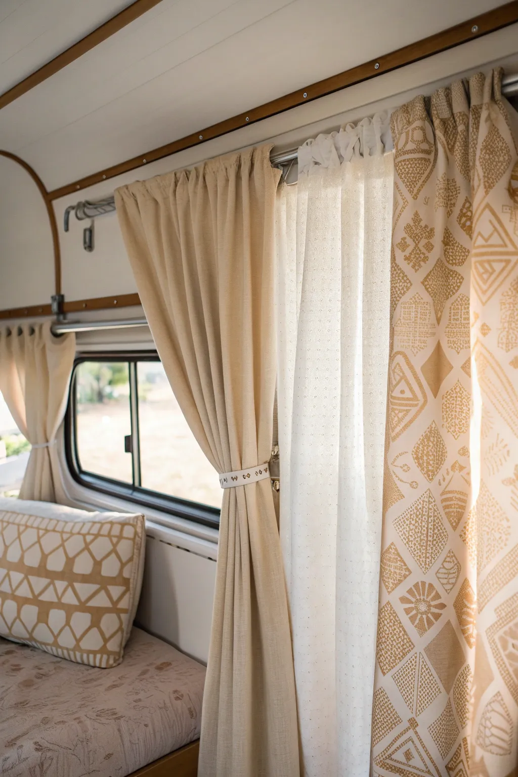 Transform your camper's interior with versatile reversible curtains, blending Scandinavian simplicity with a boho touch.