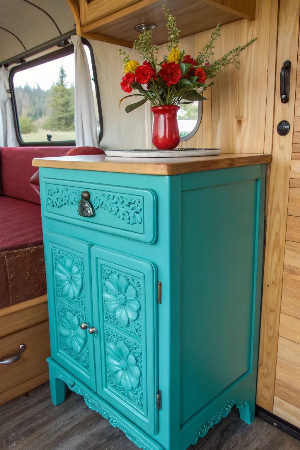 Transform your camper's interior with bold teal and red accents, blending craftsmanship with vibrant style.