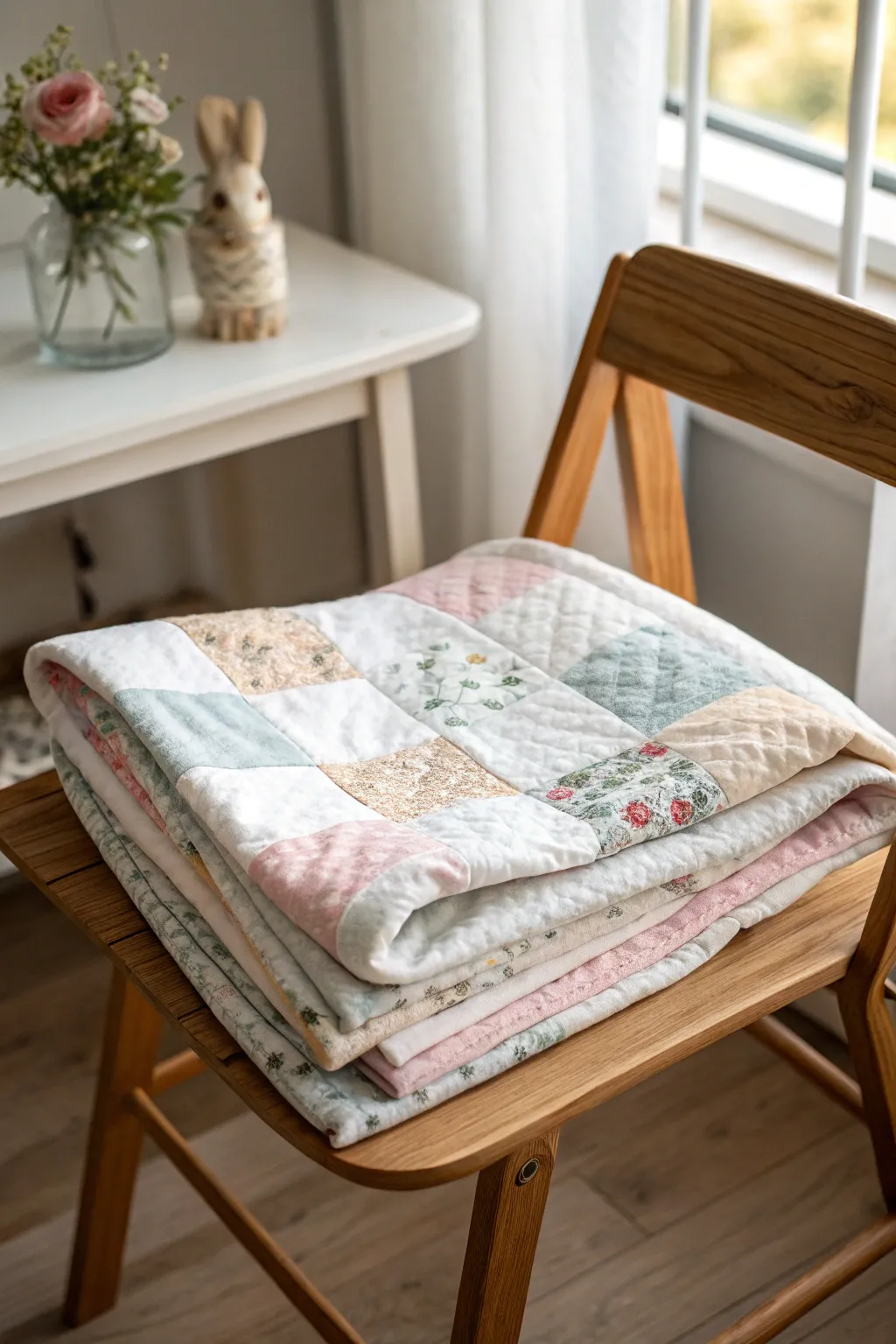 A touch of nature and elegance: Discover the art of themed quilting with this delicate, floral-inspired postage stamp quilt.