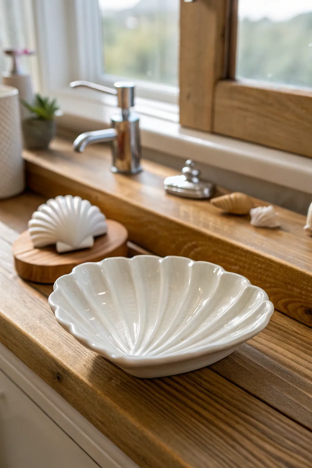 Elevate your bathroom with this charming shell soap dish, where simplicity meets elegance.