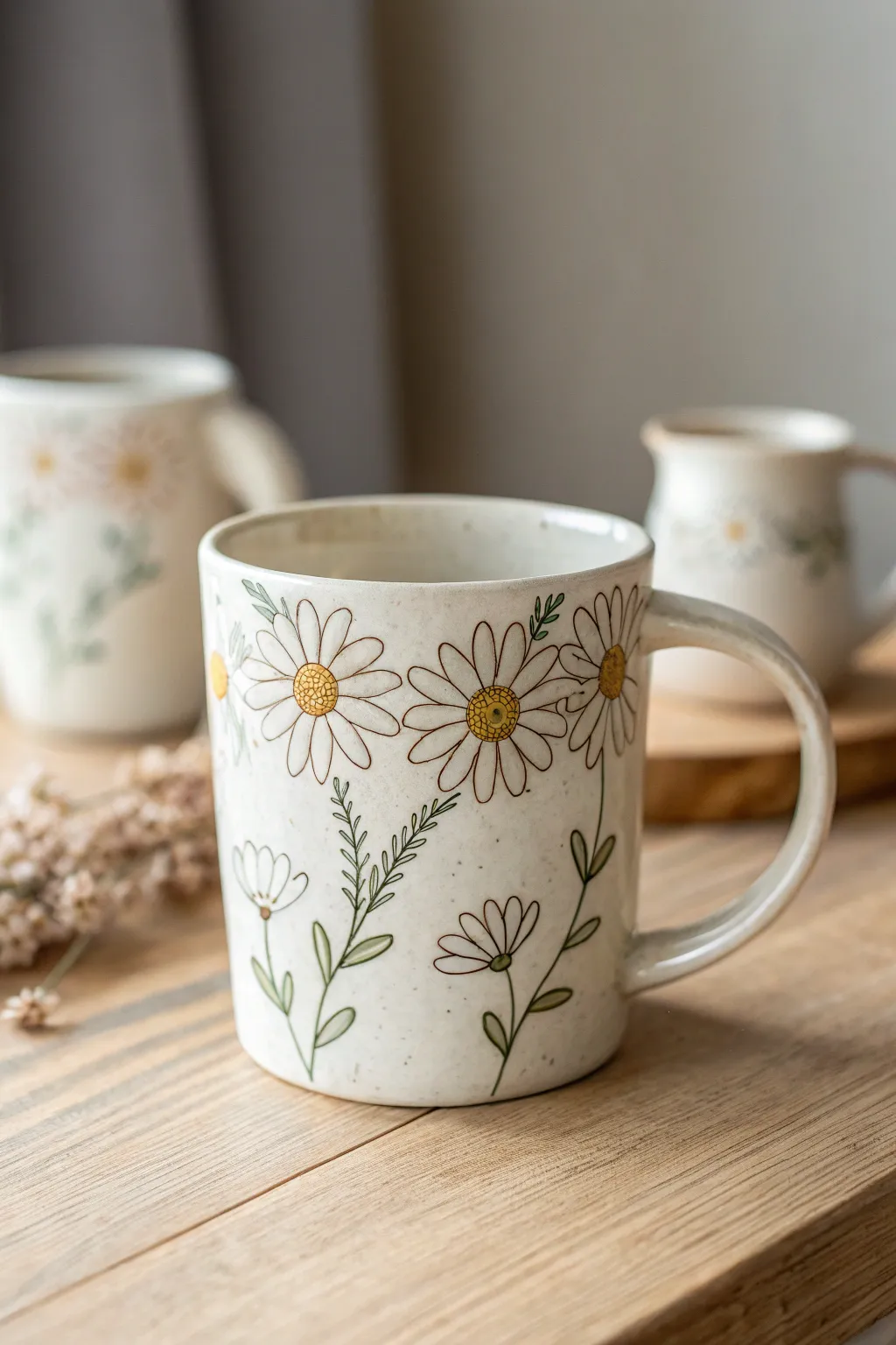 Embrace the charm of summer with delicate daisy chains adorning your favorite mug. 🌼✨ #PotteryPainting #ScandinavianStyle #MinimalistBoho