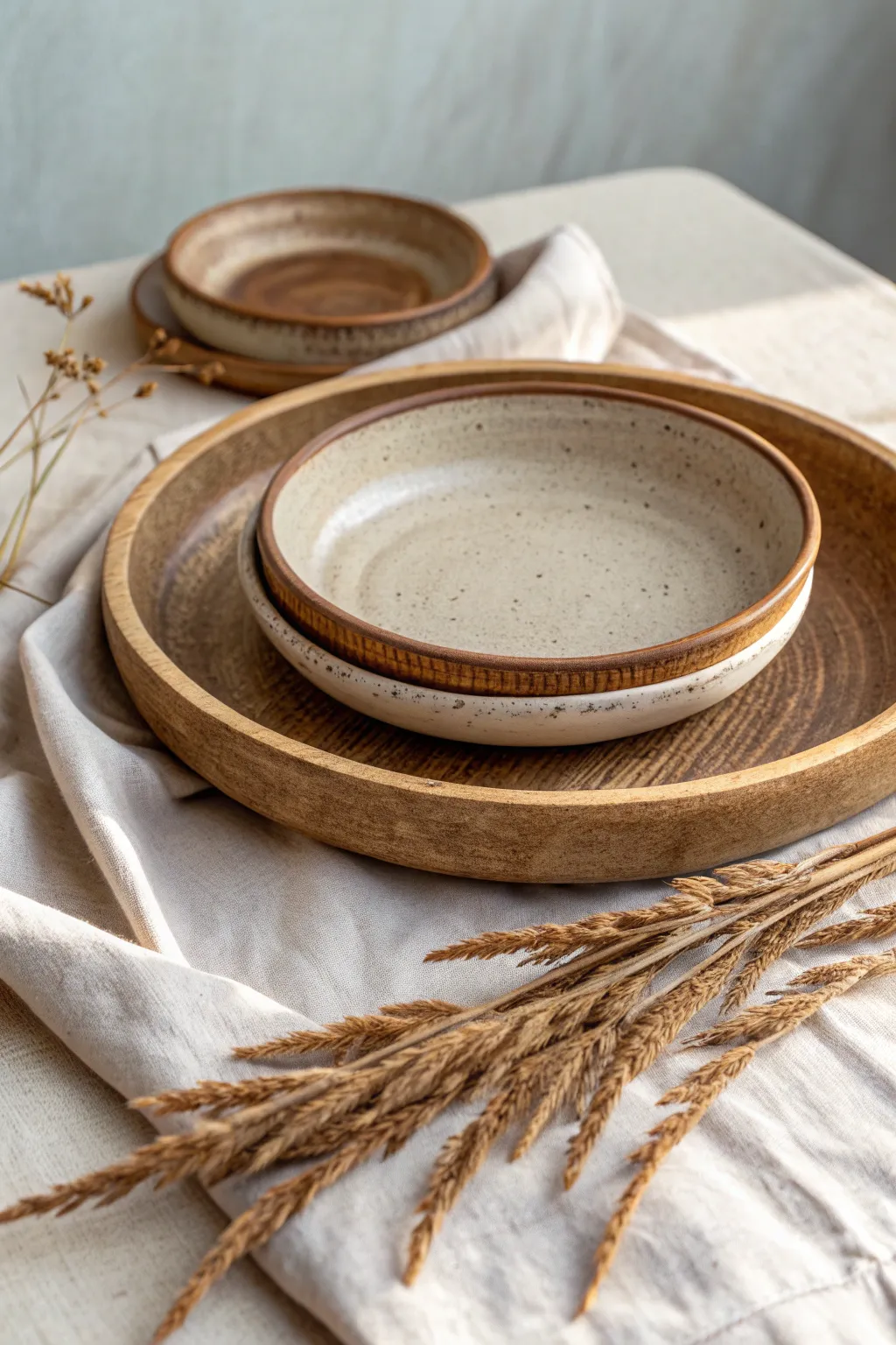 Discover the art of contrast with this elegant pottery platter—where earthy clay meets sleek wood, crafting a timeless piece.