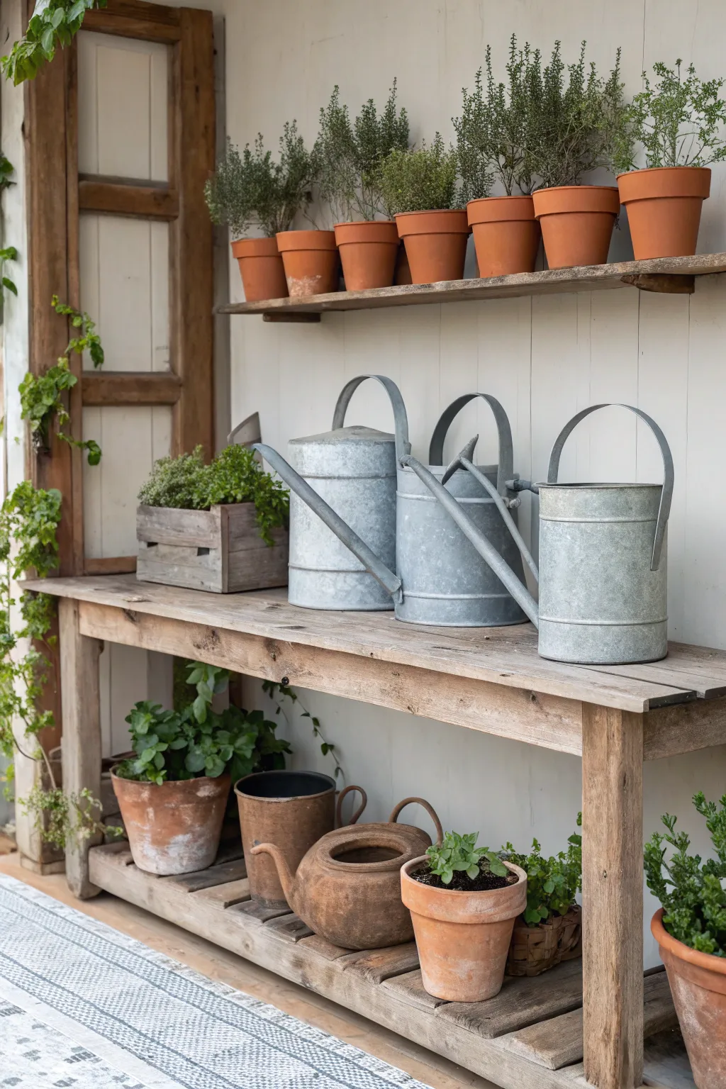 Elevate your potting bench with the timeless charm of vintage watering cans.