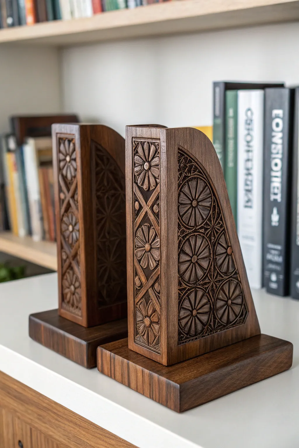Elevate your bookshelf with these masterfully crafted walnut bookends, where art meets functionality.