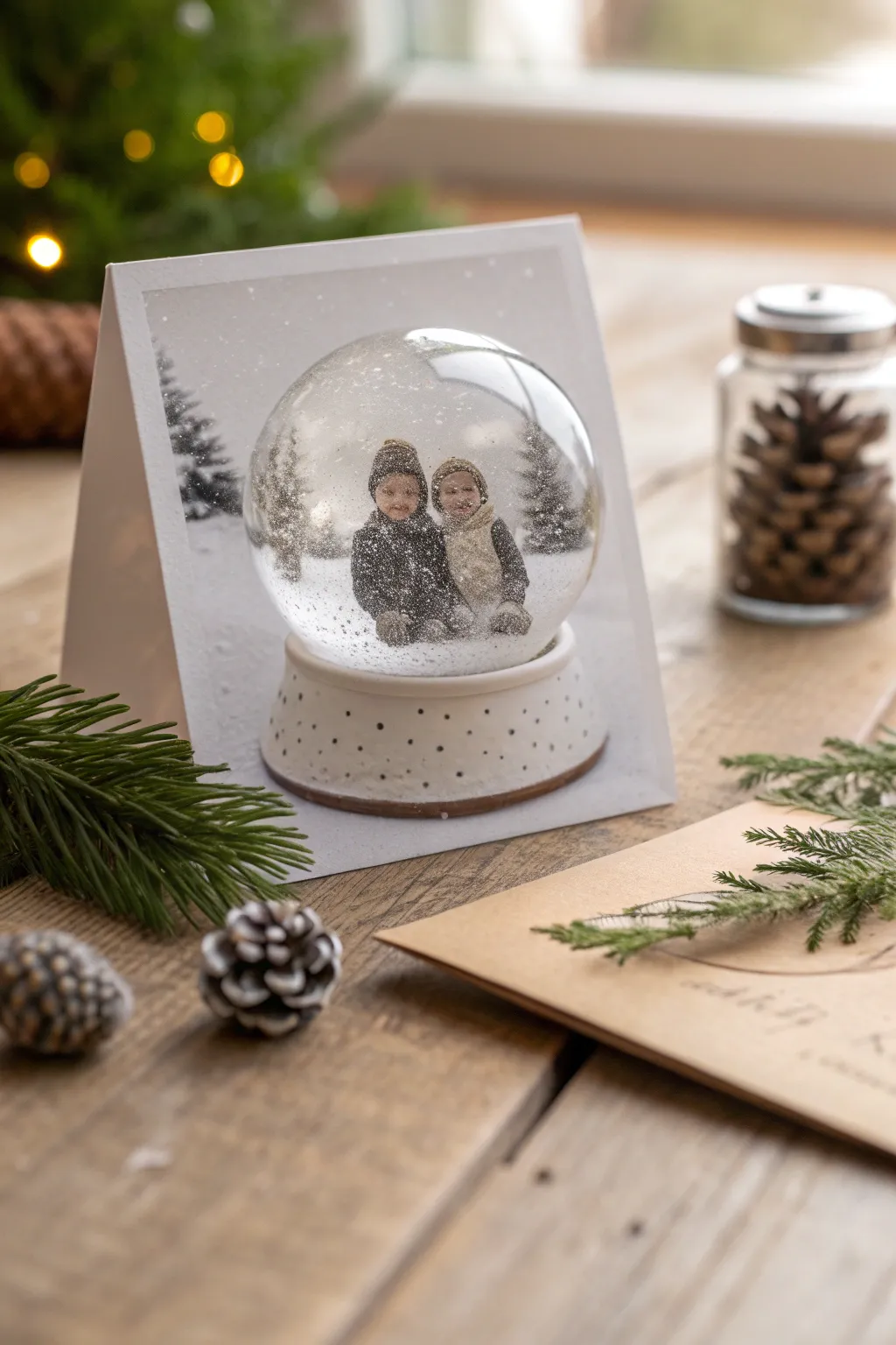 Capture the magic of the season with a personalized snow globe Christmas card.