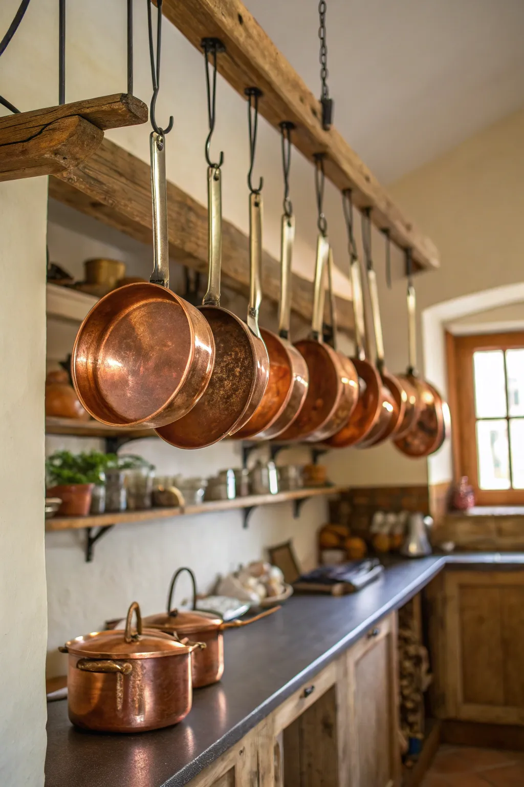 Hanging pot racks provide storage and enhance the rustic aesthetic.