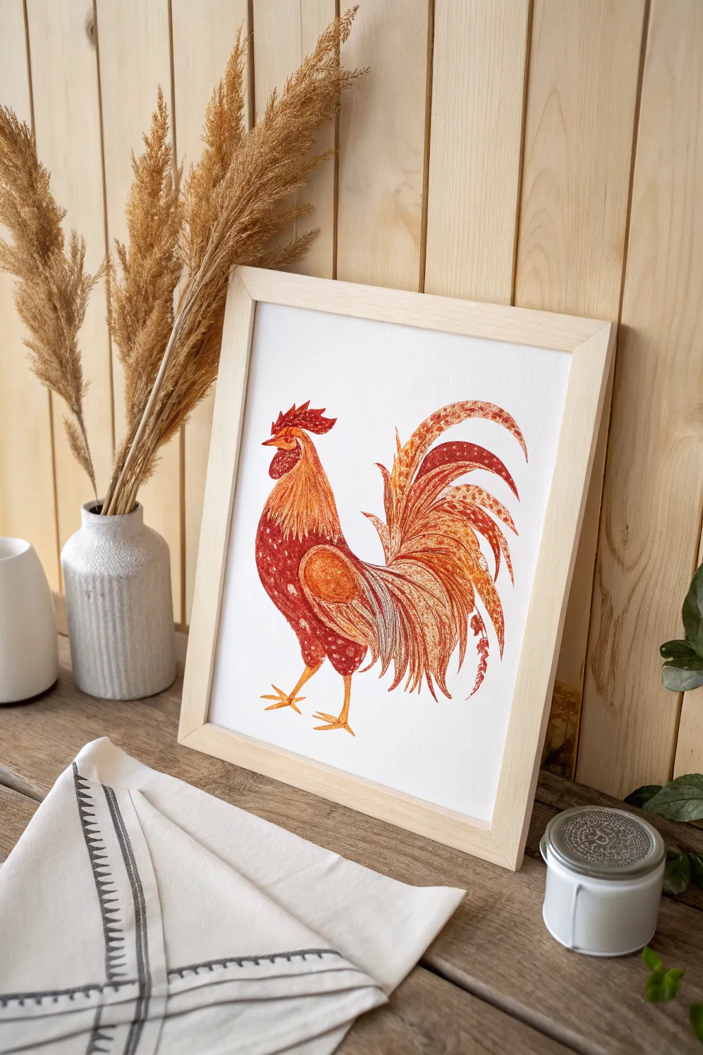 Craft your own farm charm: Vibrant rooster printmaking with a touch of Scandinavian minimalism.