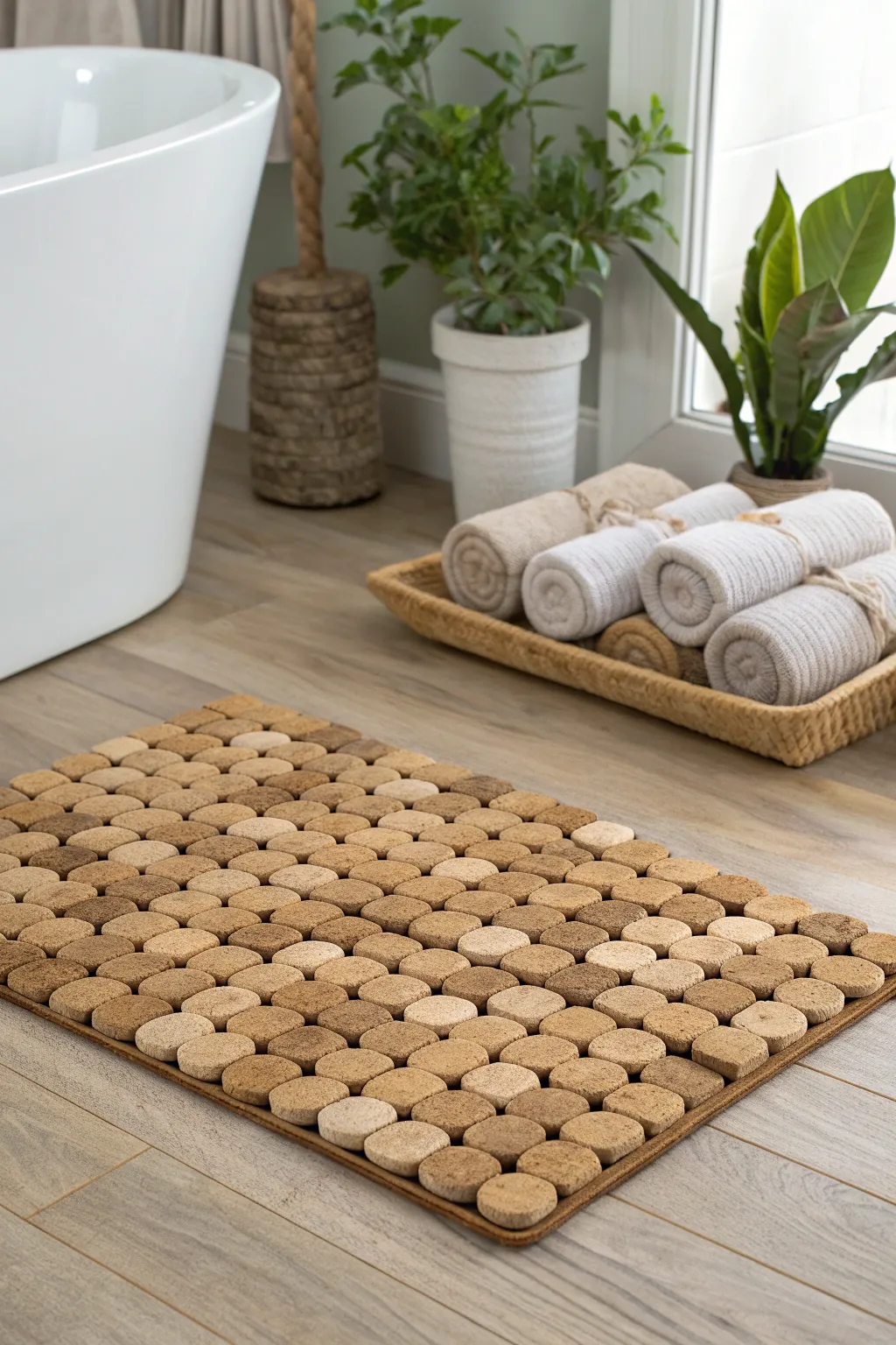 Step into relaxation with a handcrafted cork bath mat—where minimalist design meets natural comfort.