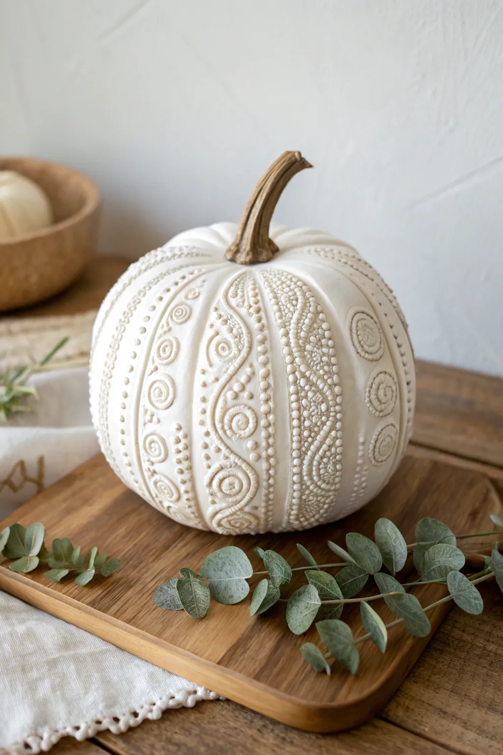 Elevate your autumn decor with this stunning faux carved pumpkin, where simplicity meets craftsmanship.