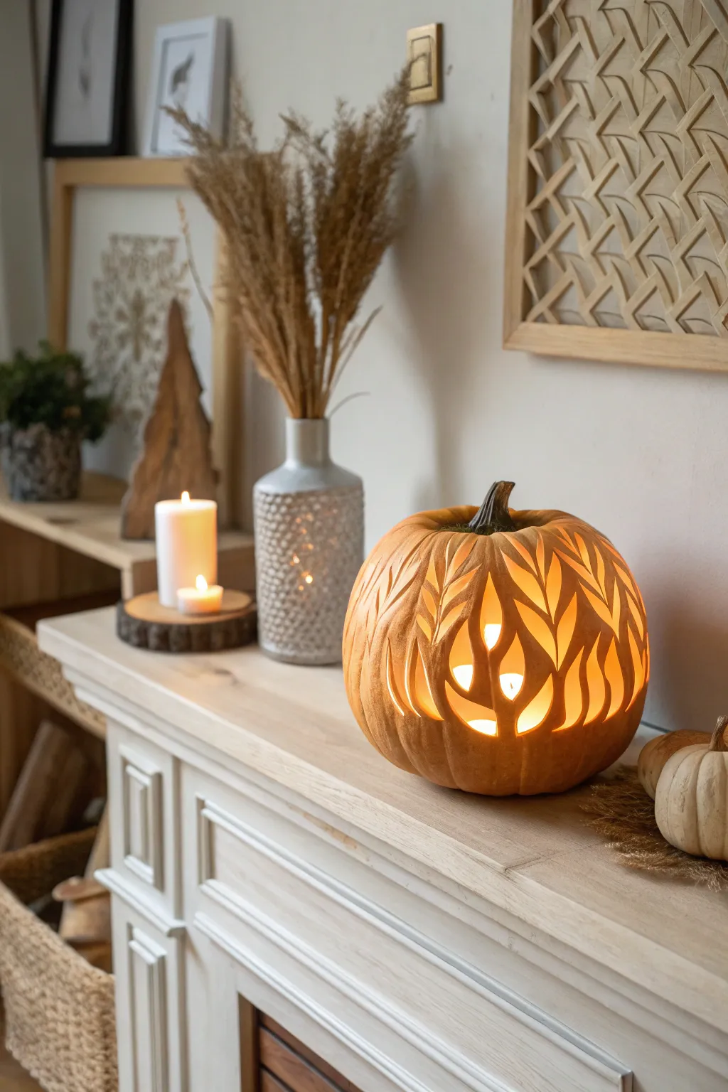 Ignite your space with the elegance of flame-carved pumpkins, perfect for a minimalist autumn vibe.